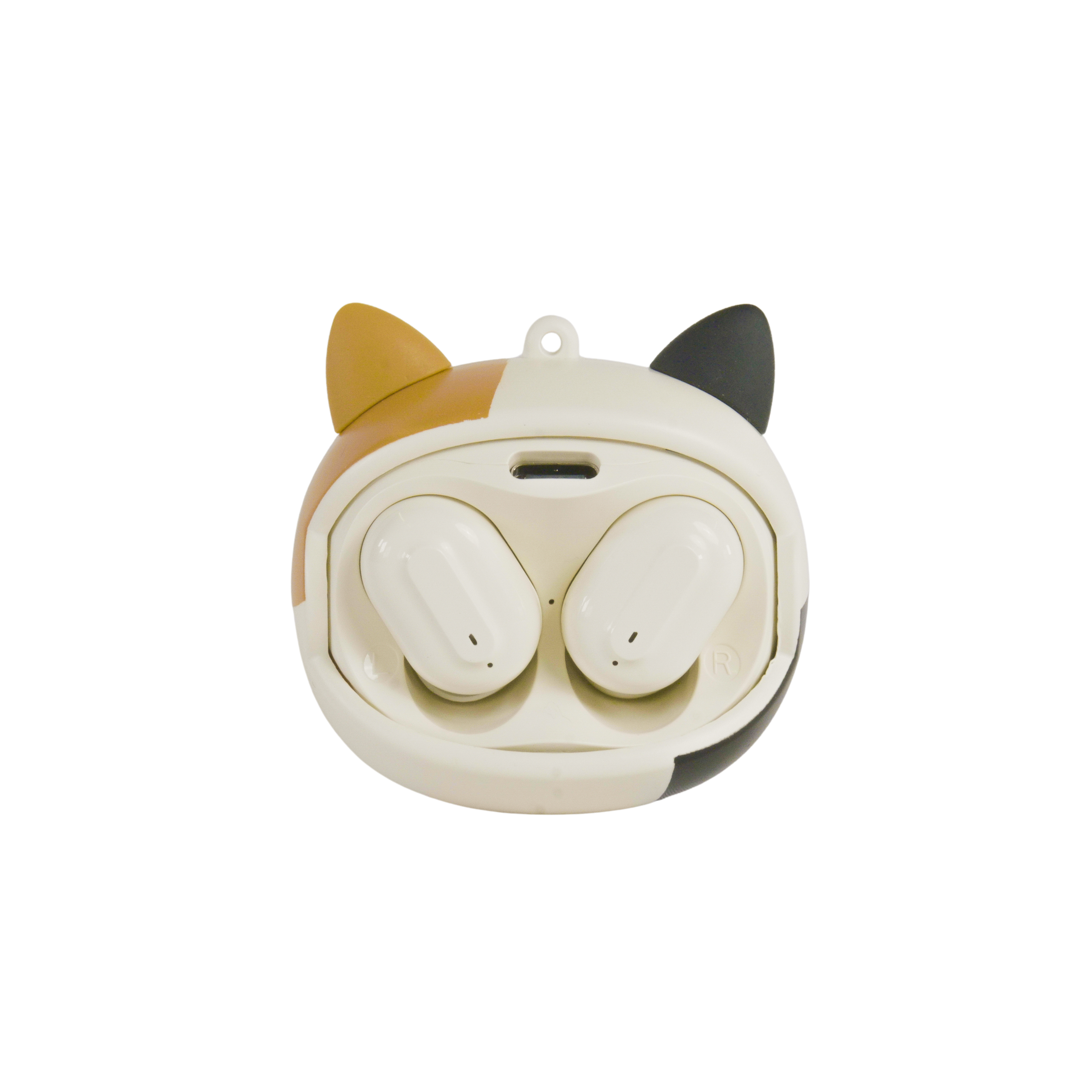 White earbuds in a cat-shaped case with beige, black, and white colors. The case has two ears and an opening for the earbuds.