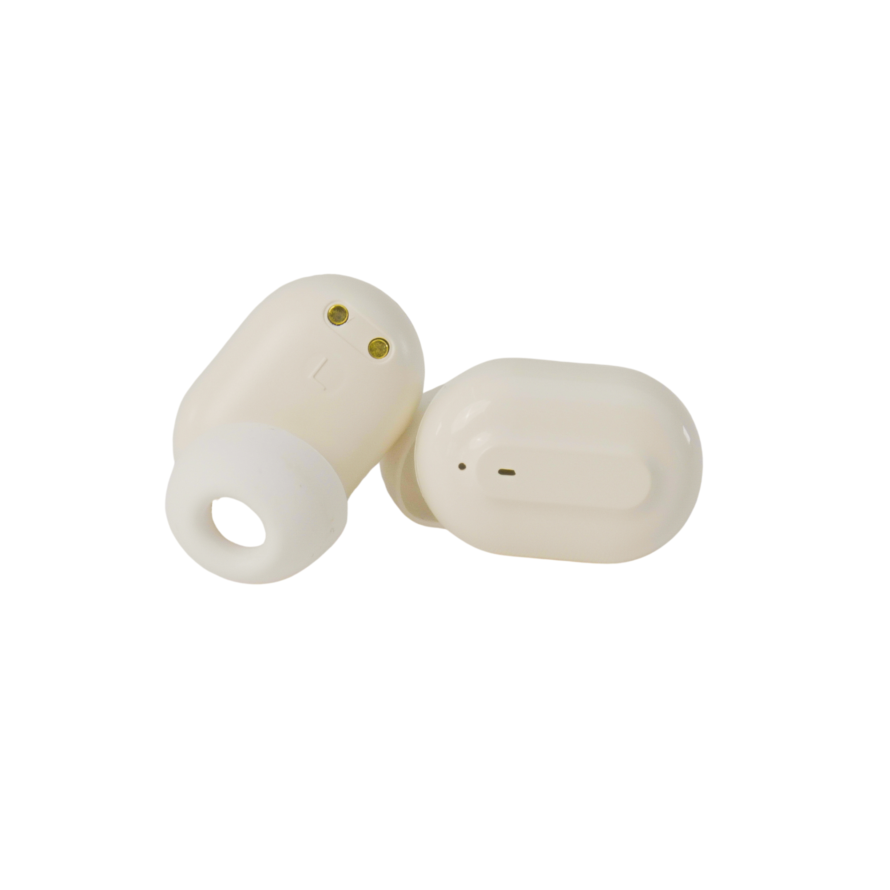 Two off-white wireless earbuds on a white background. One earbud shows the letter 'L'. Both are in focus.