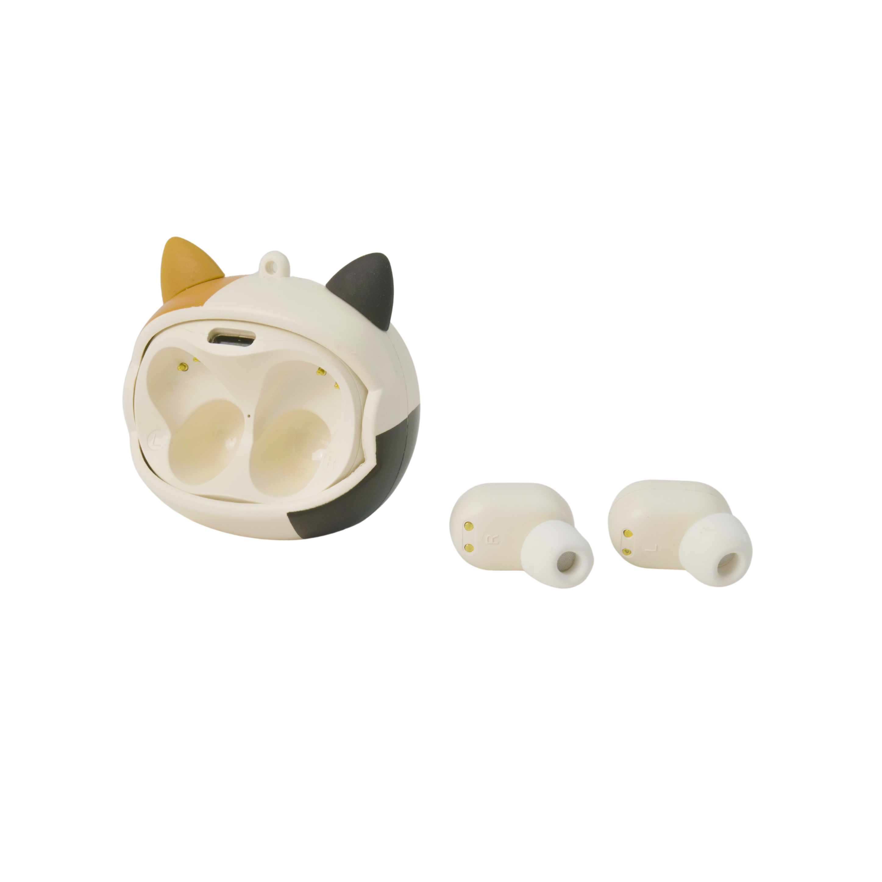 Earbuds and charging case with a cat face design. The case is open. Two earbuds are next to the case.