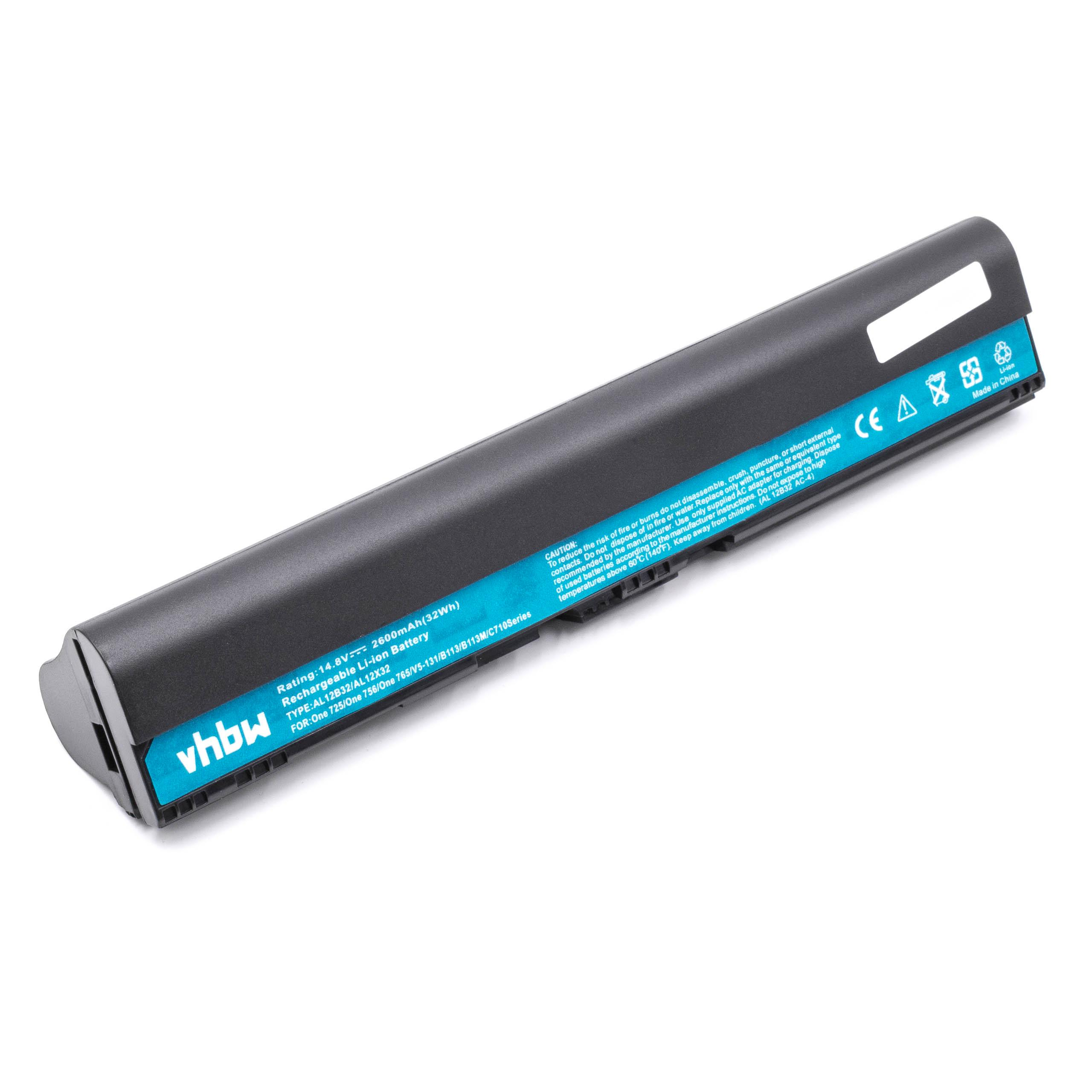Schwarzer Laptop-Akku mit blauen Etiketten, weißer Hintergrund. Text enthält 'vhbw', 'Li-Ion-Akku' und Sicherheitshinweise.