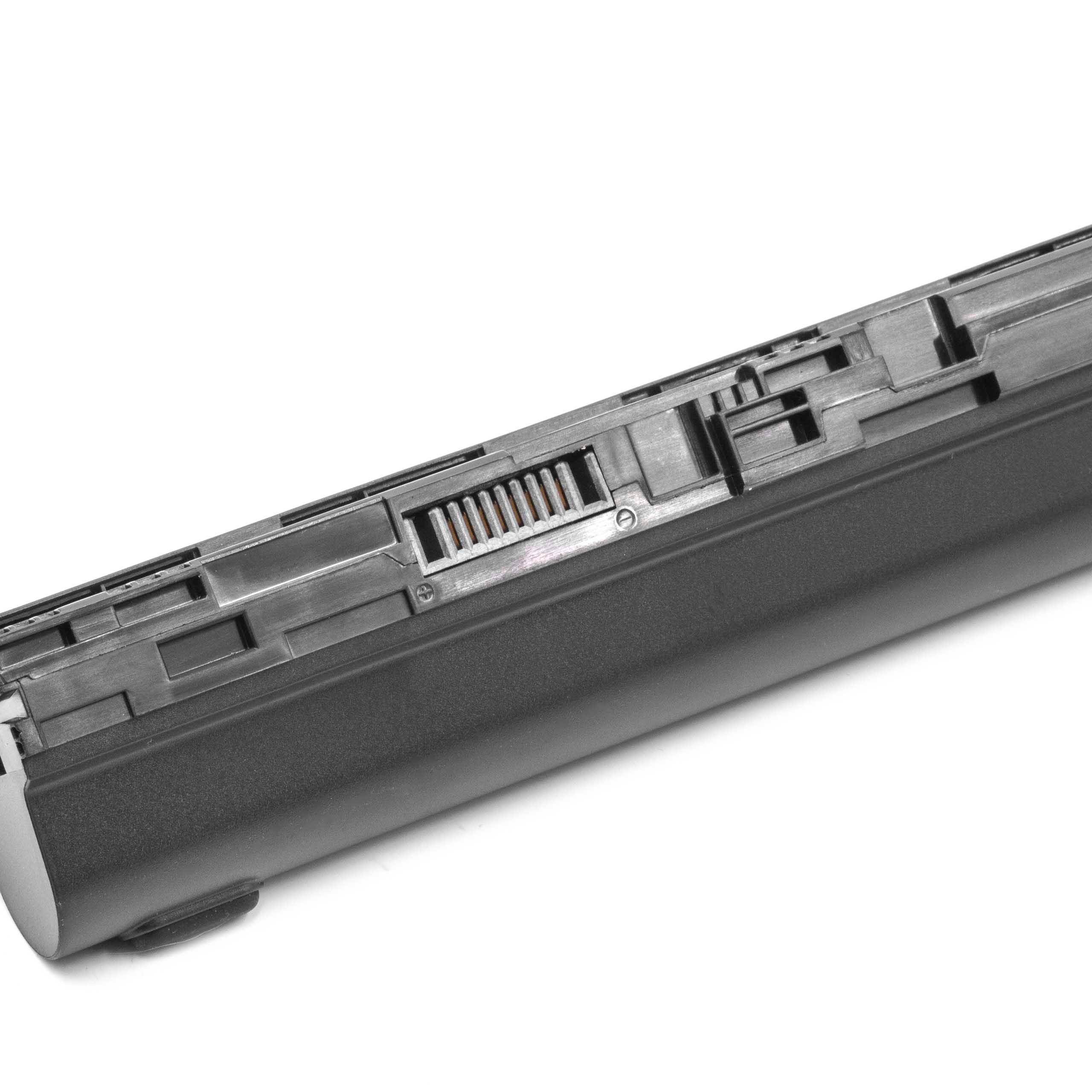 Ein schwarzer Laptop-Akku auf weißem Hintergrund. Der Akku hat ein komplexes Design mit Metall- und Kunststoffteilen.
