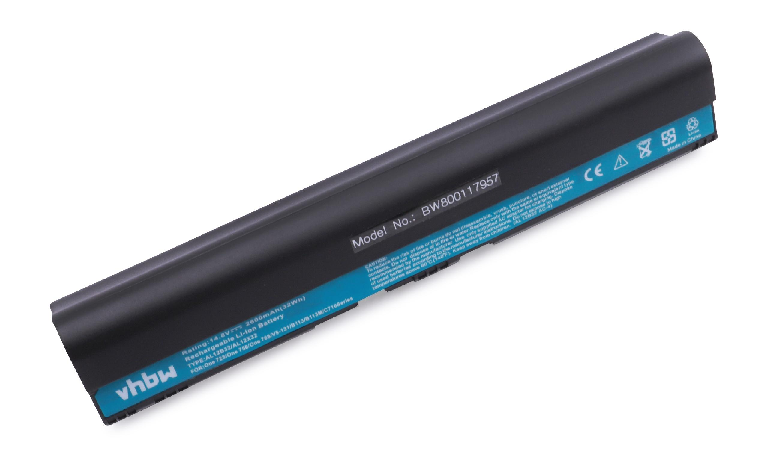 Schwarzer Laptop-Akku mit blauen Etiketten. Text enthält Modellnummer, technische Daten und Sicherheitshinweise. Weißer Hintergrund.