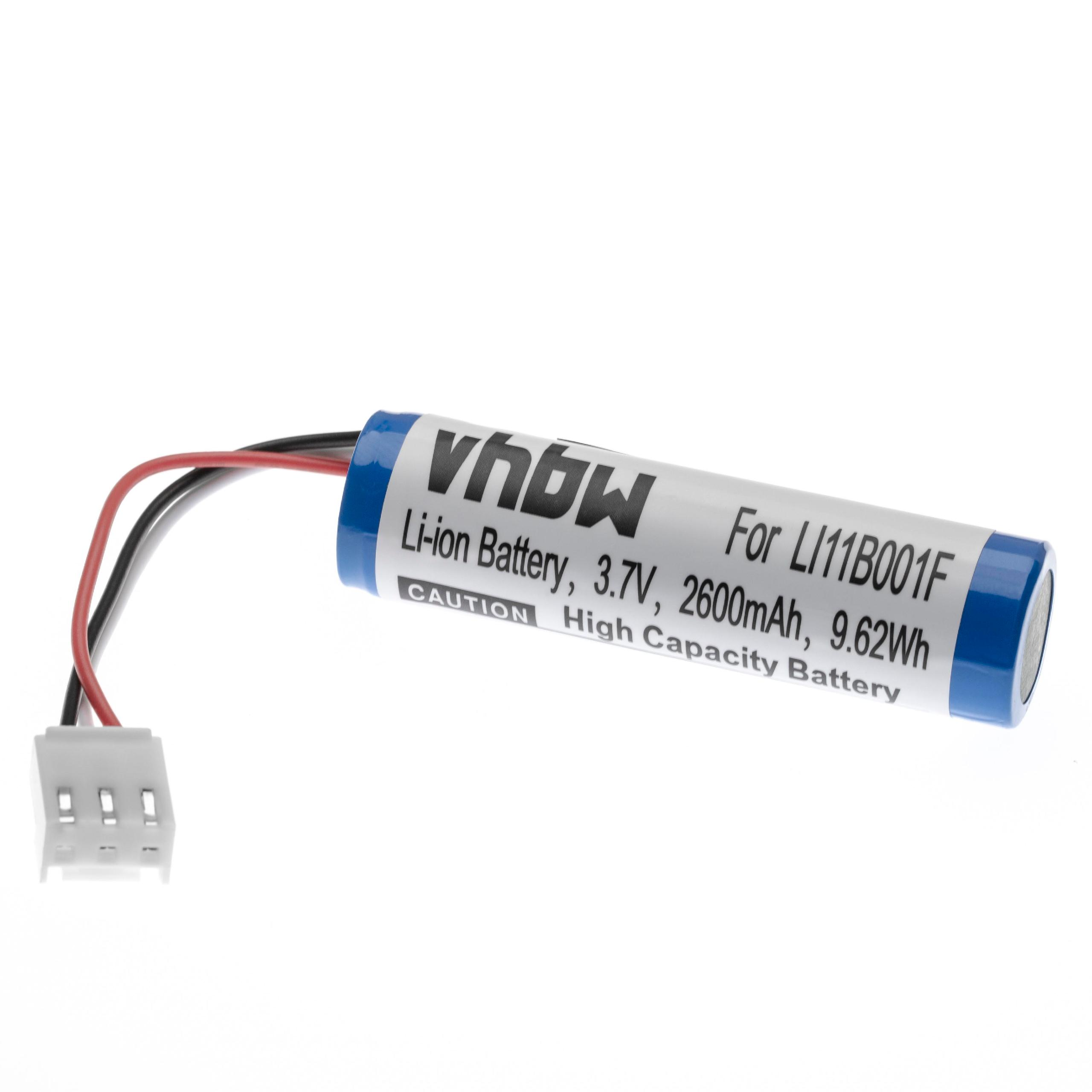 Ein Li-Ionen-Akku mit blauen und weißen Markierungen. Er hat rote und schwarze Drähte, die mit einem weißen Stecker verbunden sind.