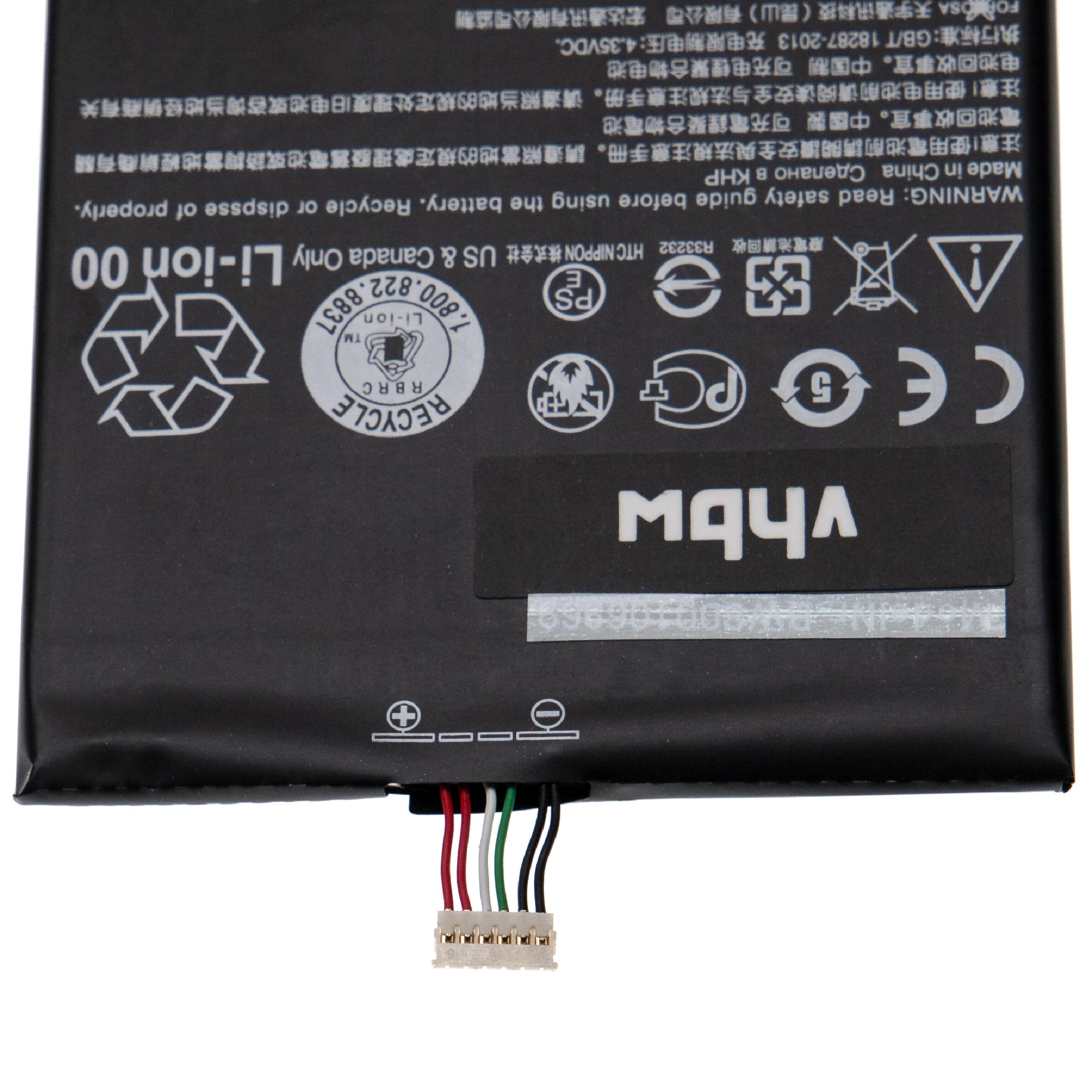 Schwarzer Smartphone-Akku mit weißem Text. Er hat einen Stecker mit Drähten. Plus- und Minuszeichen sichtbar.