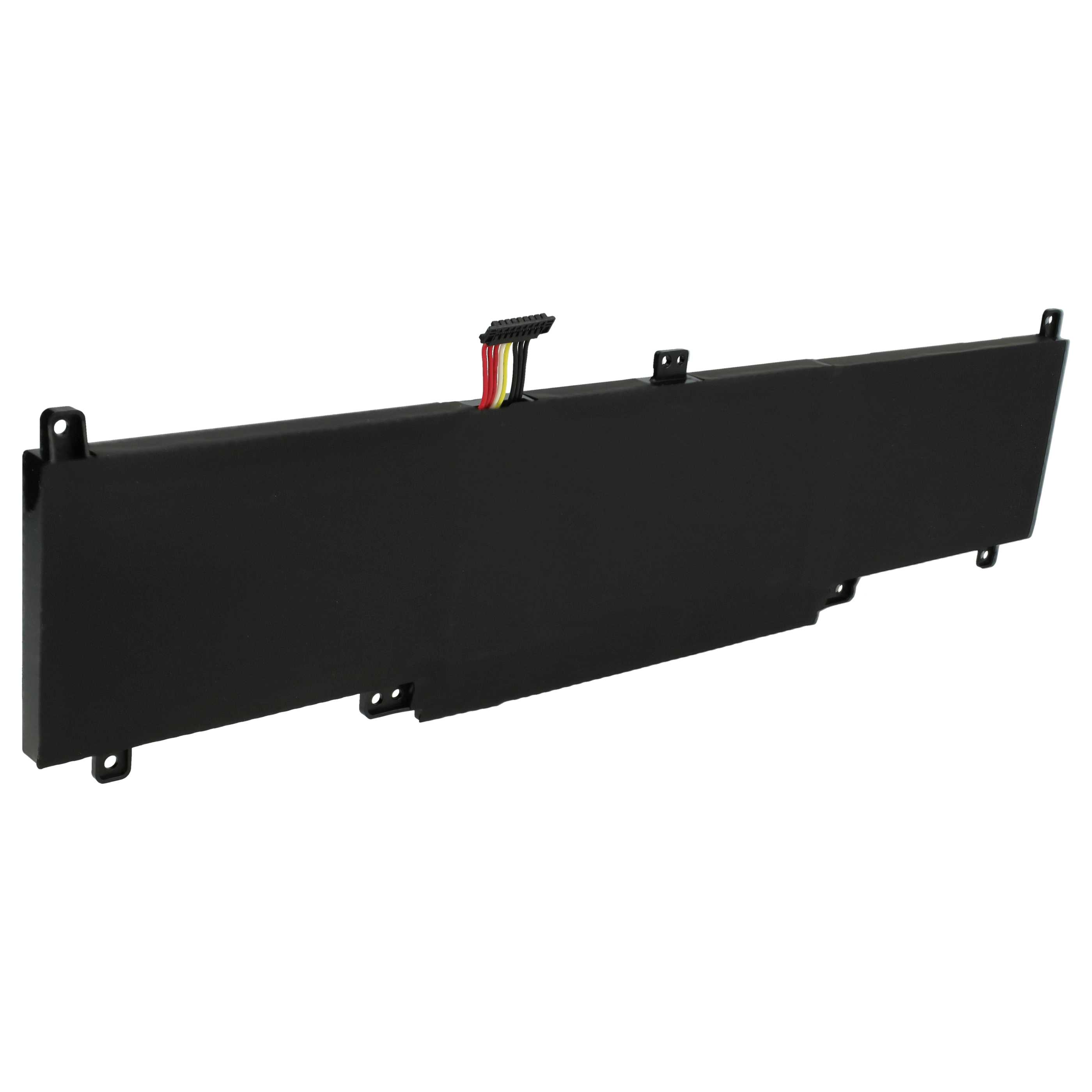 Schwarzer Laptop-Akku mit Stecker und farbigen Drähten. Weißer Hintergrund.