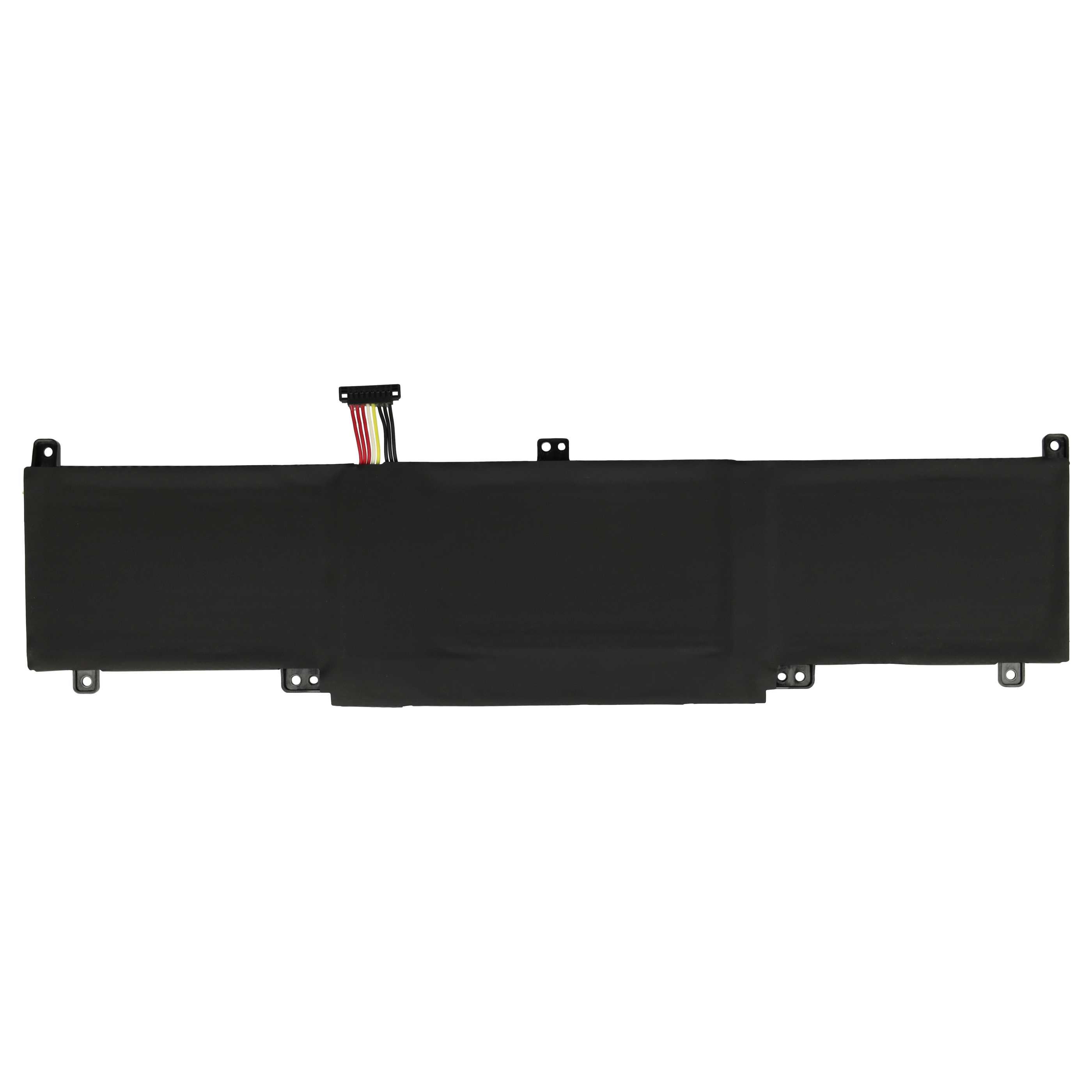 Ein schwarzer Laptop-Akku mit Stecker und farbigen Drähten auf weißem Grund. Es hat Befestigungslöcher.