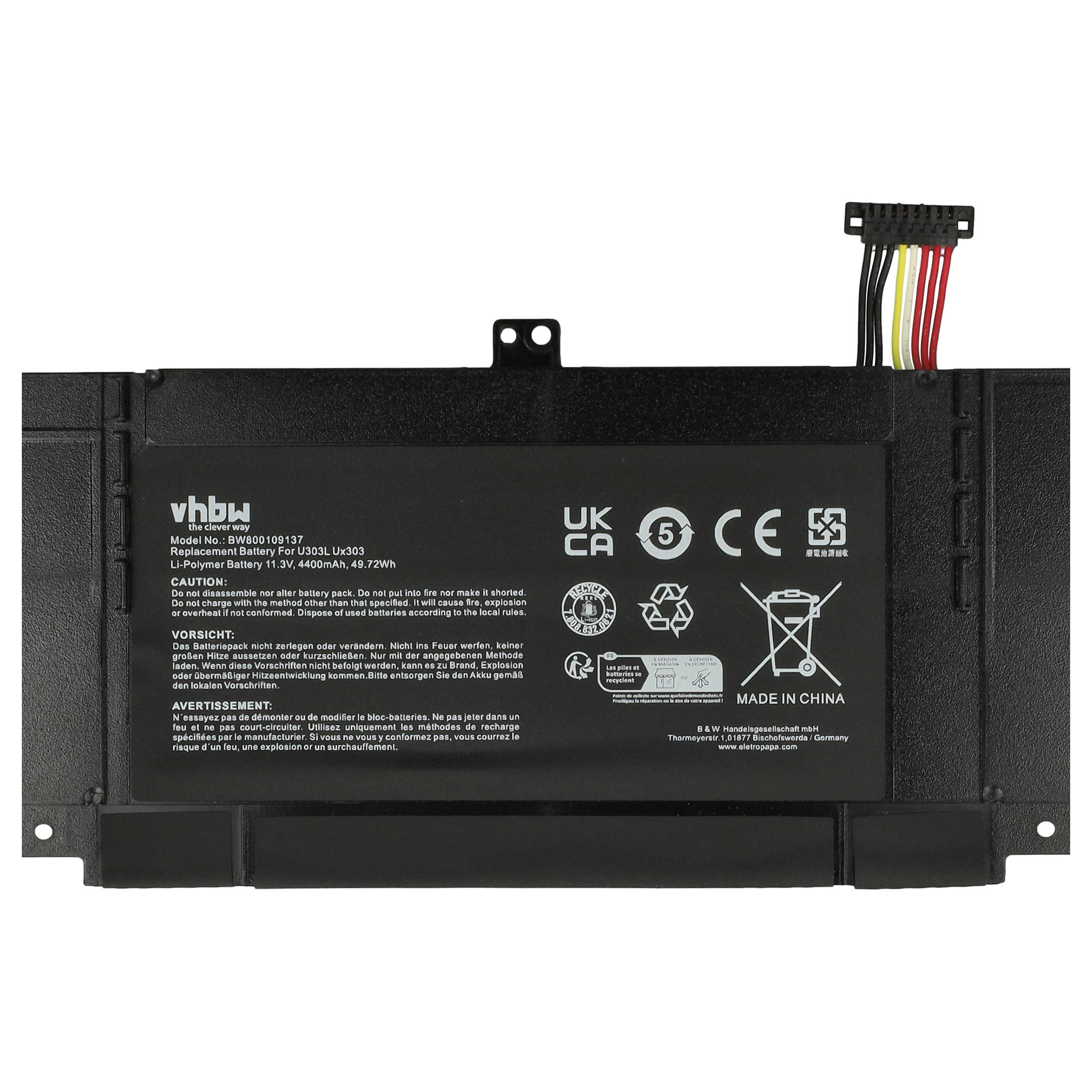 Schwarzer Laptop-Akku mit Text. Enthält Warnungen, Symbole und einen Stecker mit farbigen Drähten.