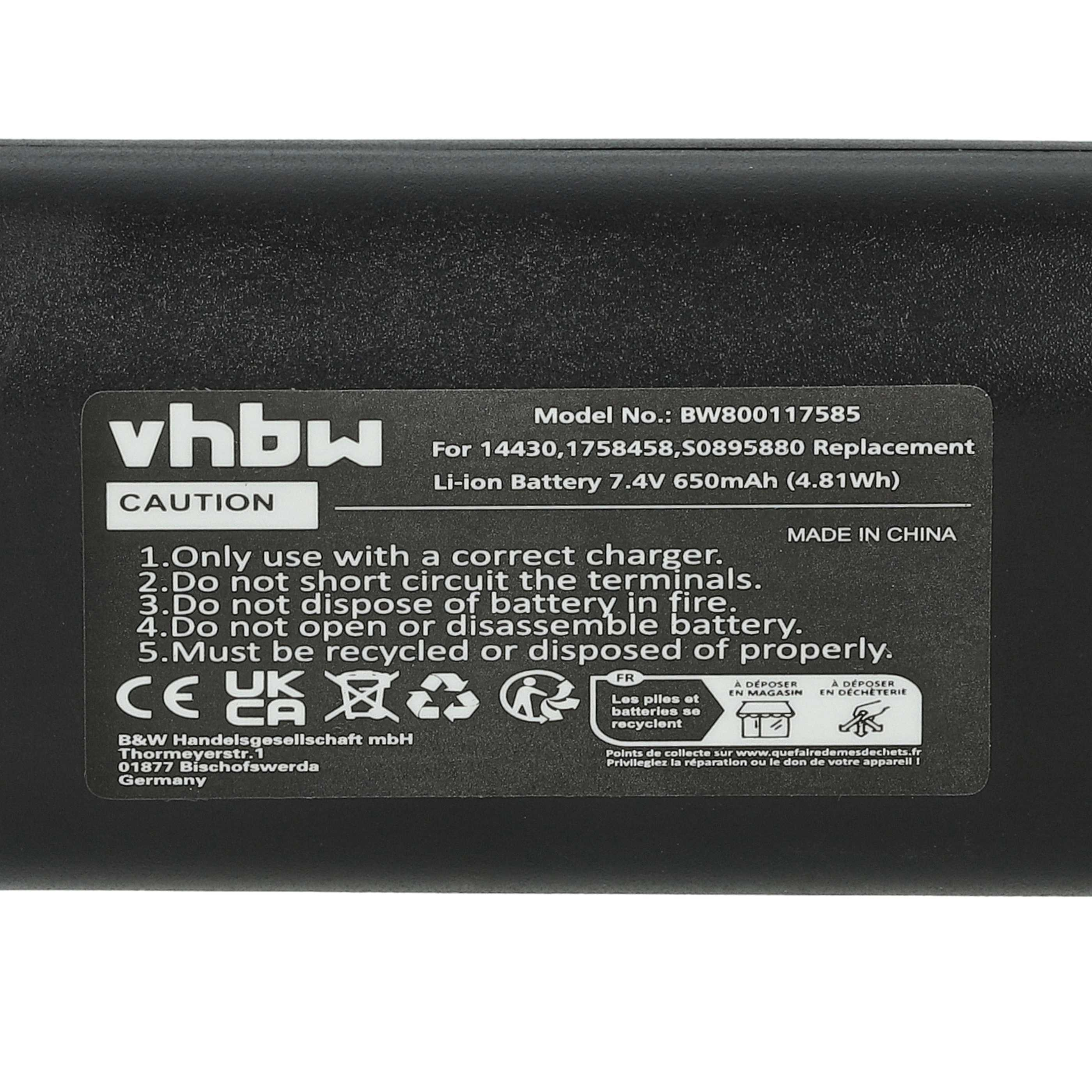 Schwarzes Batterieetikett mit weißem Text. Enthält Modellnummer, Warnhinweise, Recyclingsymbole und Kontaktinformationen.