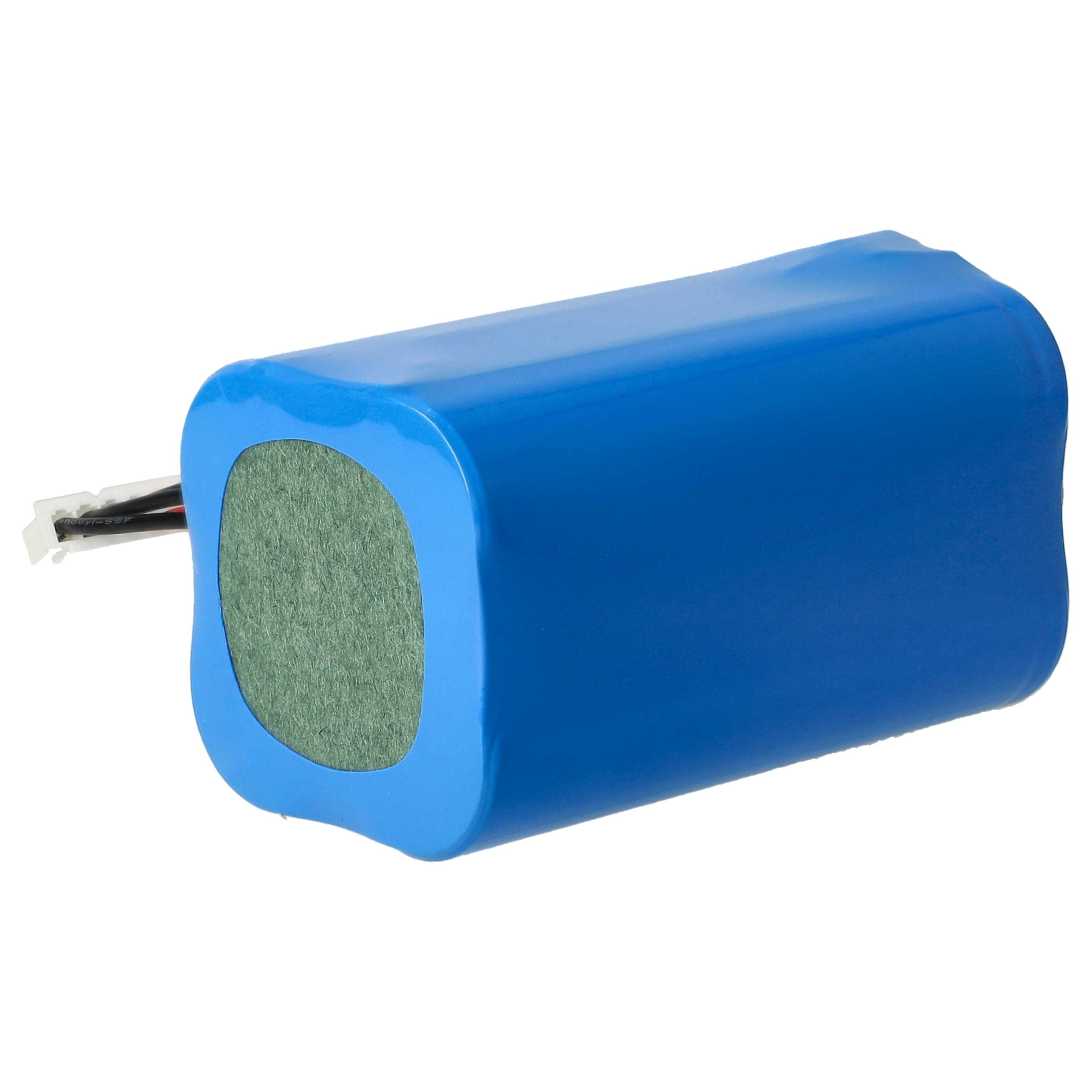 Ein blaues Batterypack, rechteckig mit abgerundeten Kanten. Drähte kommen aus einem Ende, ein grünes Pad ist sichtbar.