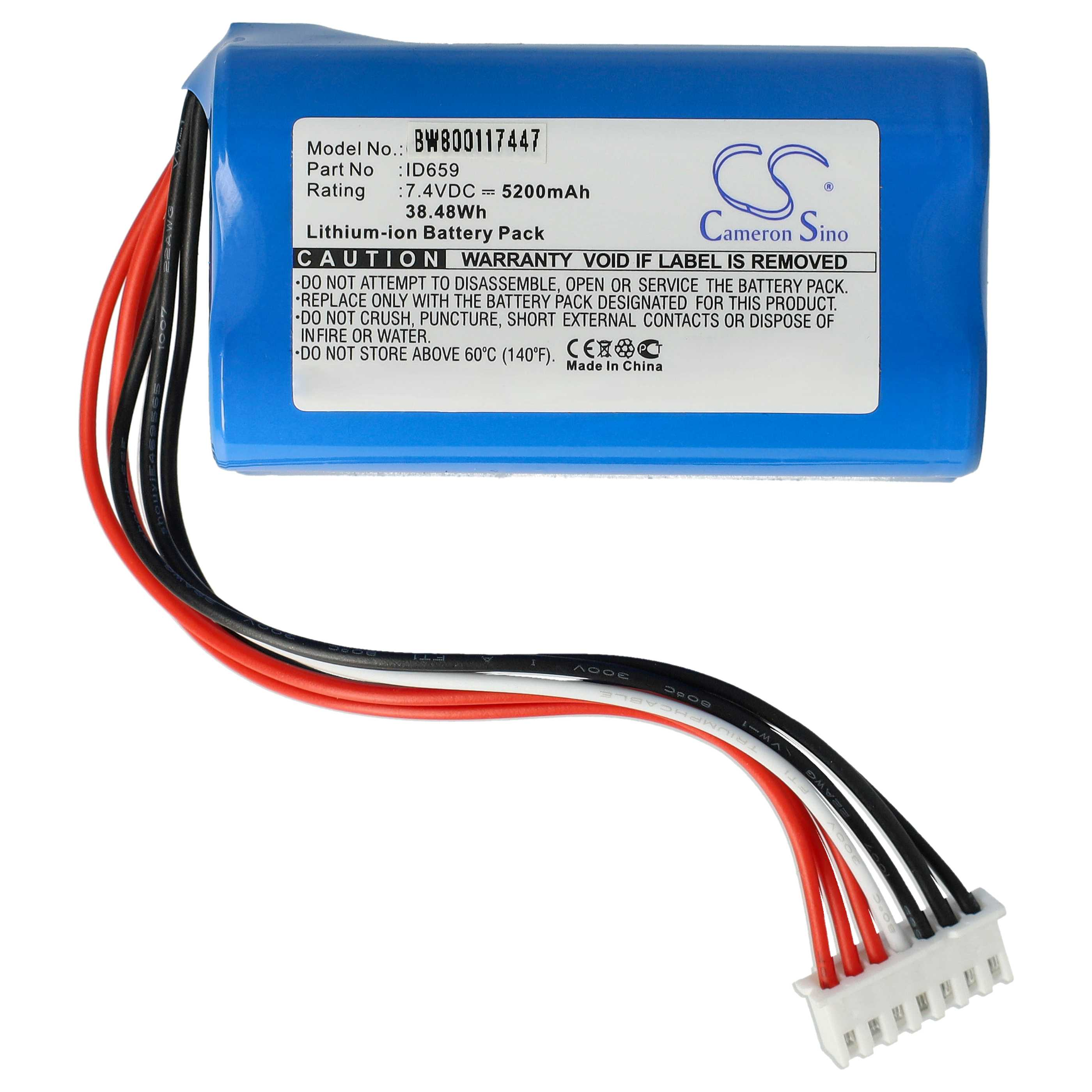 Ein blauer Akku mit weißem Etikett, schwarzen und roten Drähten und einem Stecker. Text enthält Modell-, Teile- und Spannungsinformationen.