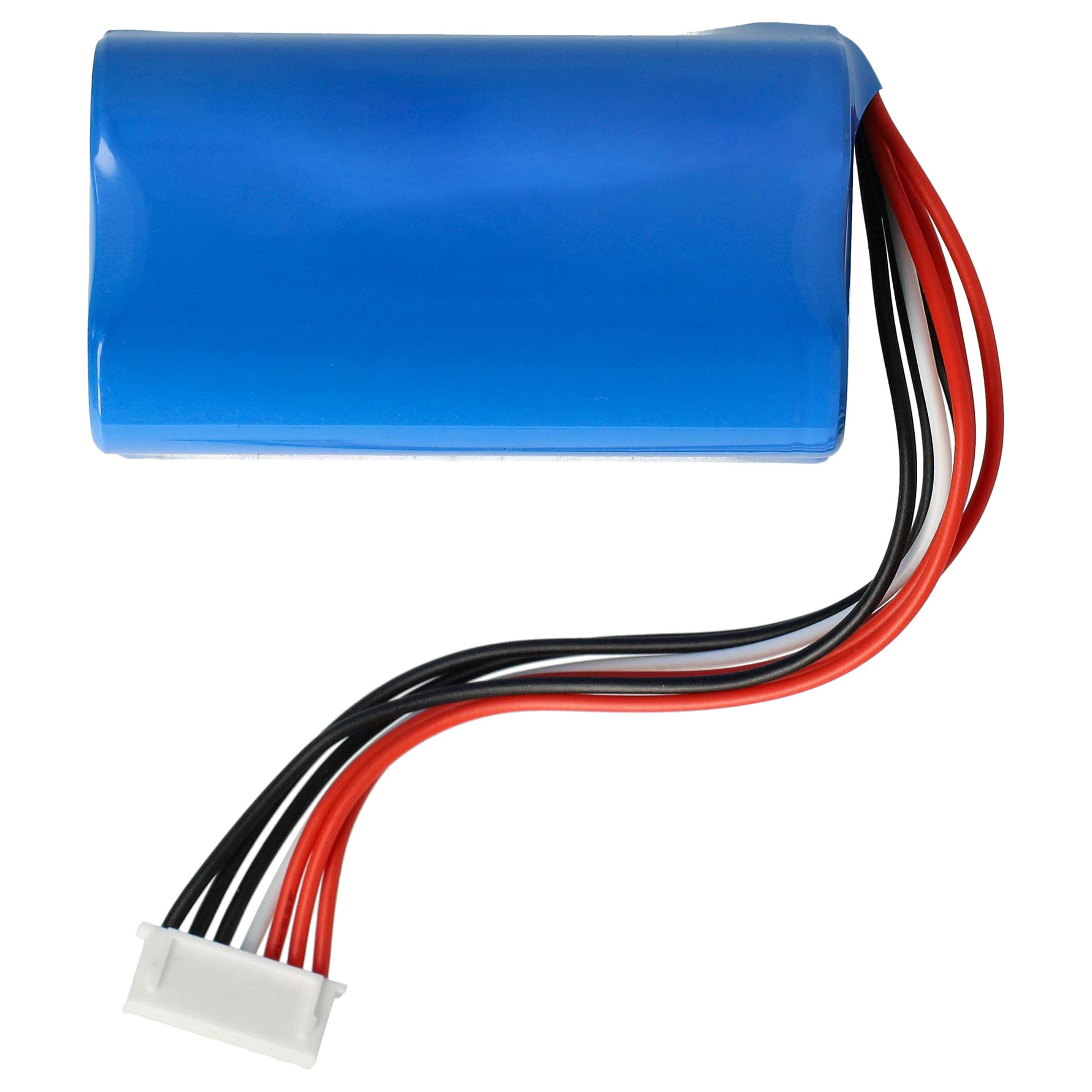 Ein blauer, rechteckiger Akku mit schwarzen, roten und weißen Drähten. Am Ende der Drähte befindet sich ein weißer Stecker.