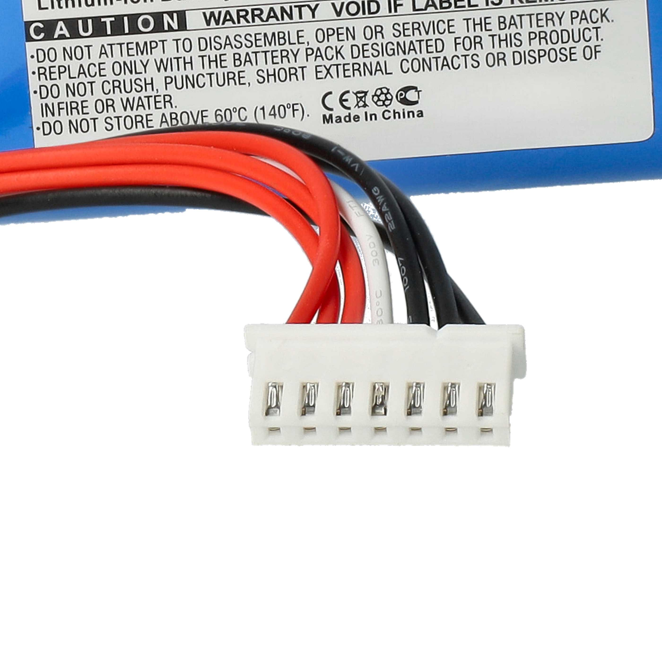 Ein weißer Stecker mit roten, schwarzen und weißen Drähten. Ein blaues Etikett enthält Warnhinweise. Der Hintergrund ist weiß.
