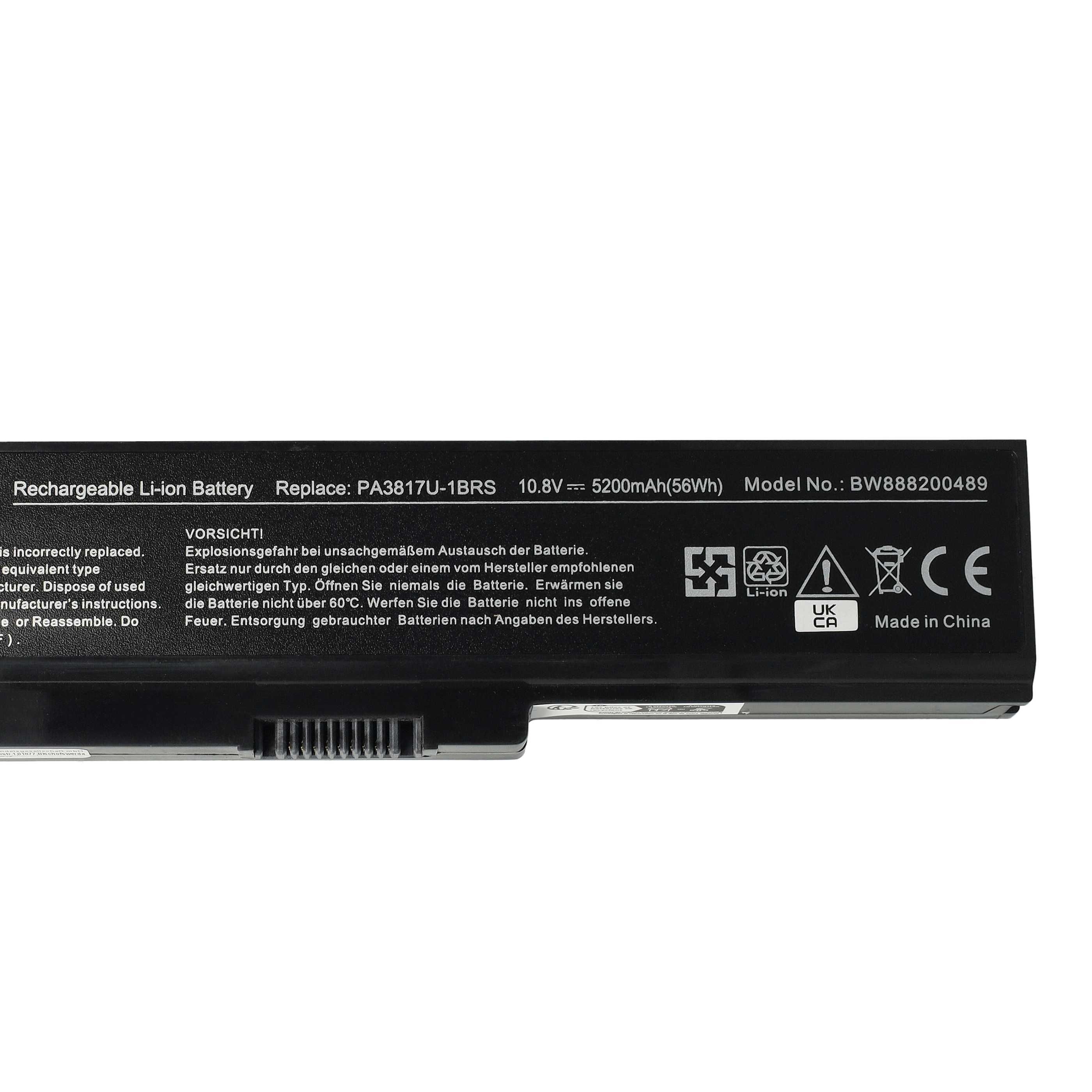 Ein schwarzer Akku mit weißem Text, einschließlich Warnungen und Spezifikationen. Es steht 'Rechargeable Li-ion Battery' und 'Made in China'.
