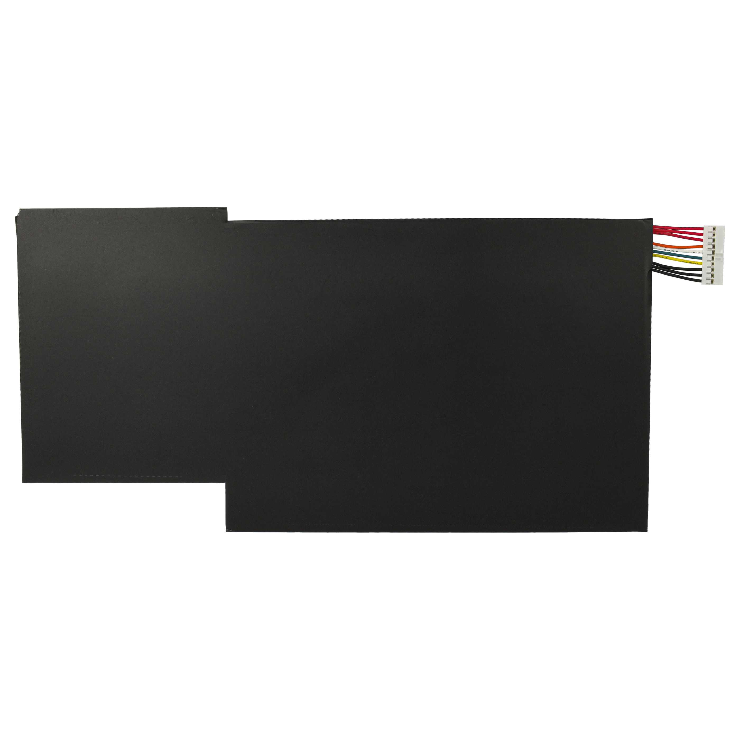 Ein schwarzer rechteckiger Laptop-Akku mit weißem Stecker und farbigen Drähten auf weißem Hintergrund.