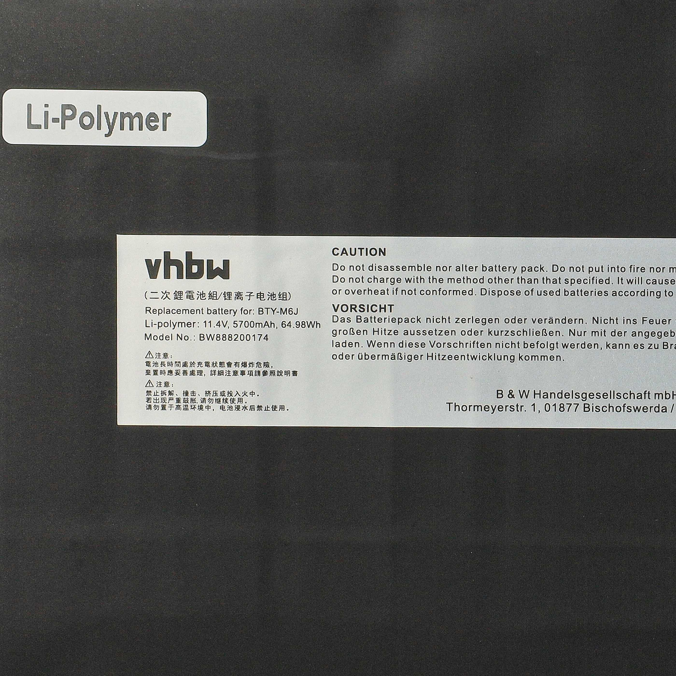 Schwarzer Hintergrund mit weißem Rechteck oben links mit der Aufschrift 'Li-Polymer'. Texte und Warnhinweise sind ebenfalls vorhanden.