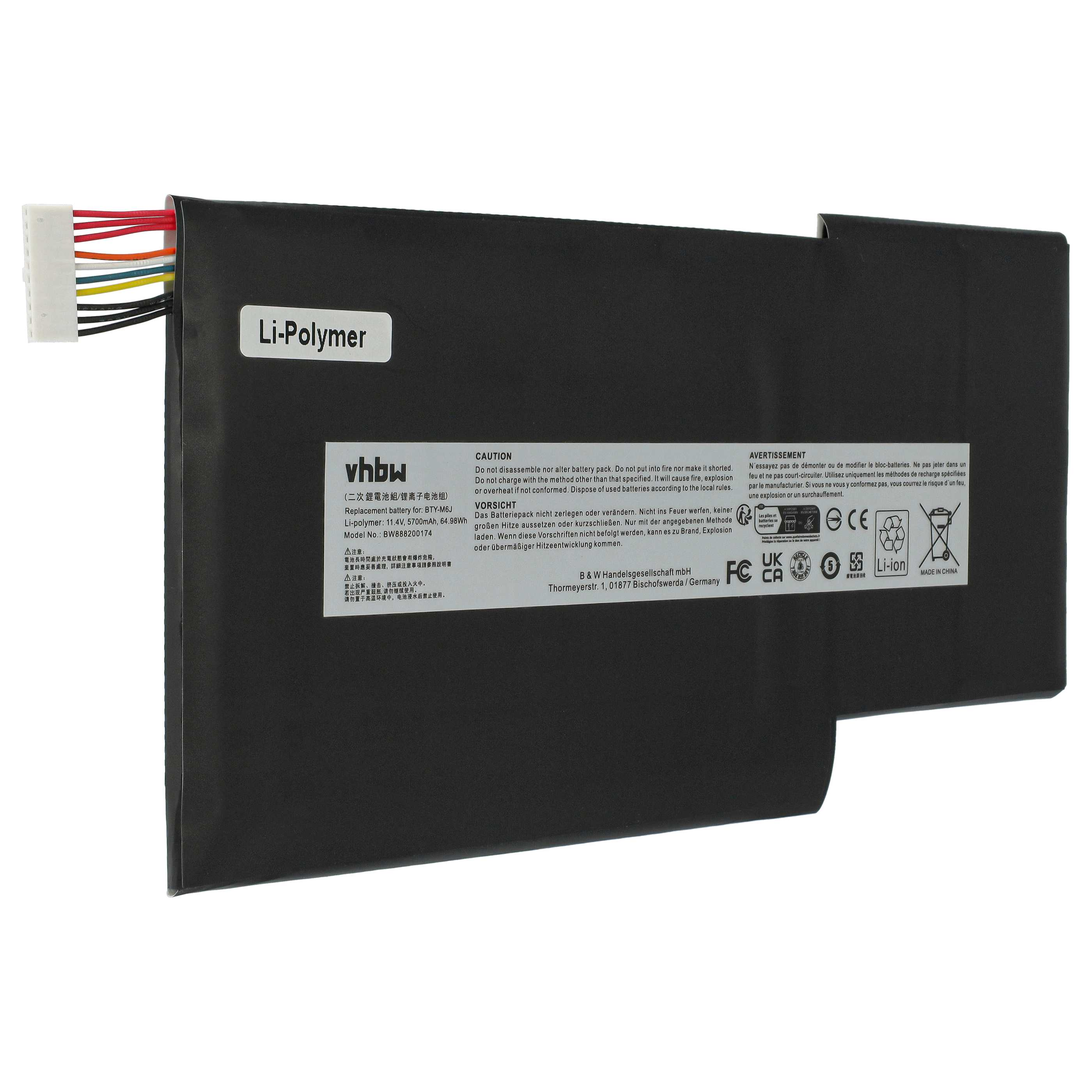 Schwarzer Laptop-Akku mit farbigen Drähten und weißem Stecker. Textetiketten: Li-Polymer, Vorsicht und andere Warnhinweise.