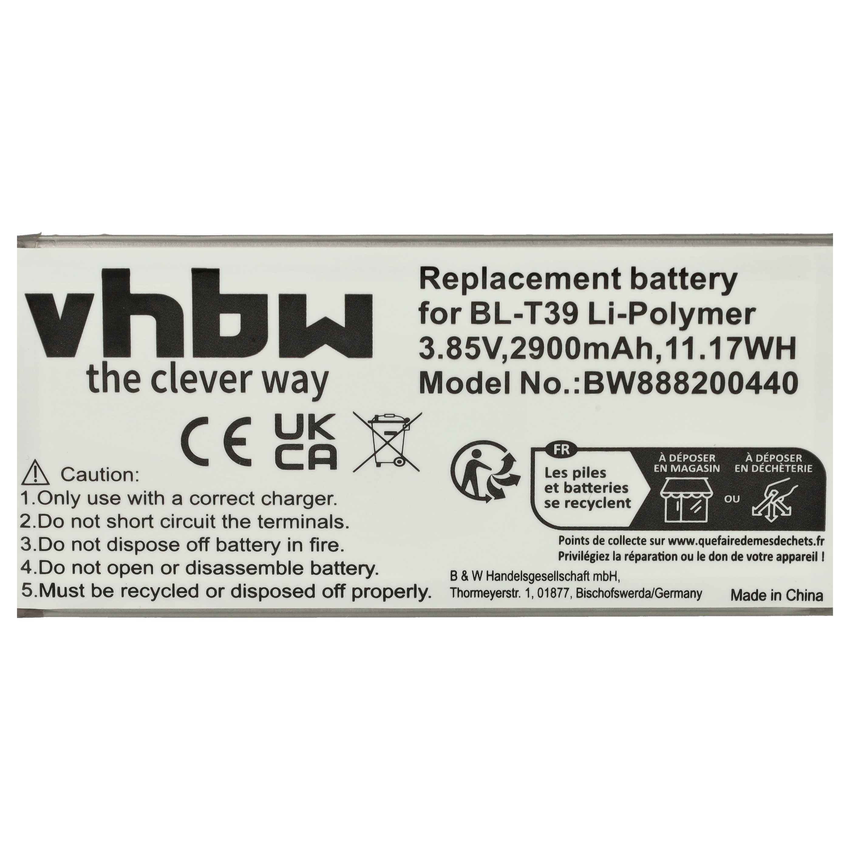 Weißes Etikett mit schwarzem Text über eine Batterie. Enthält Warnungen, Spezifikationen und Recyclinghinweise.