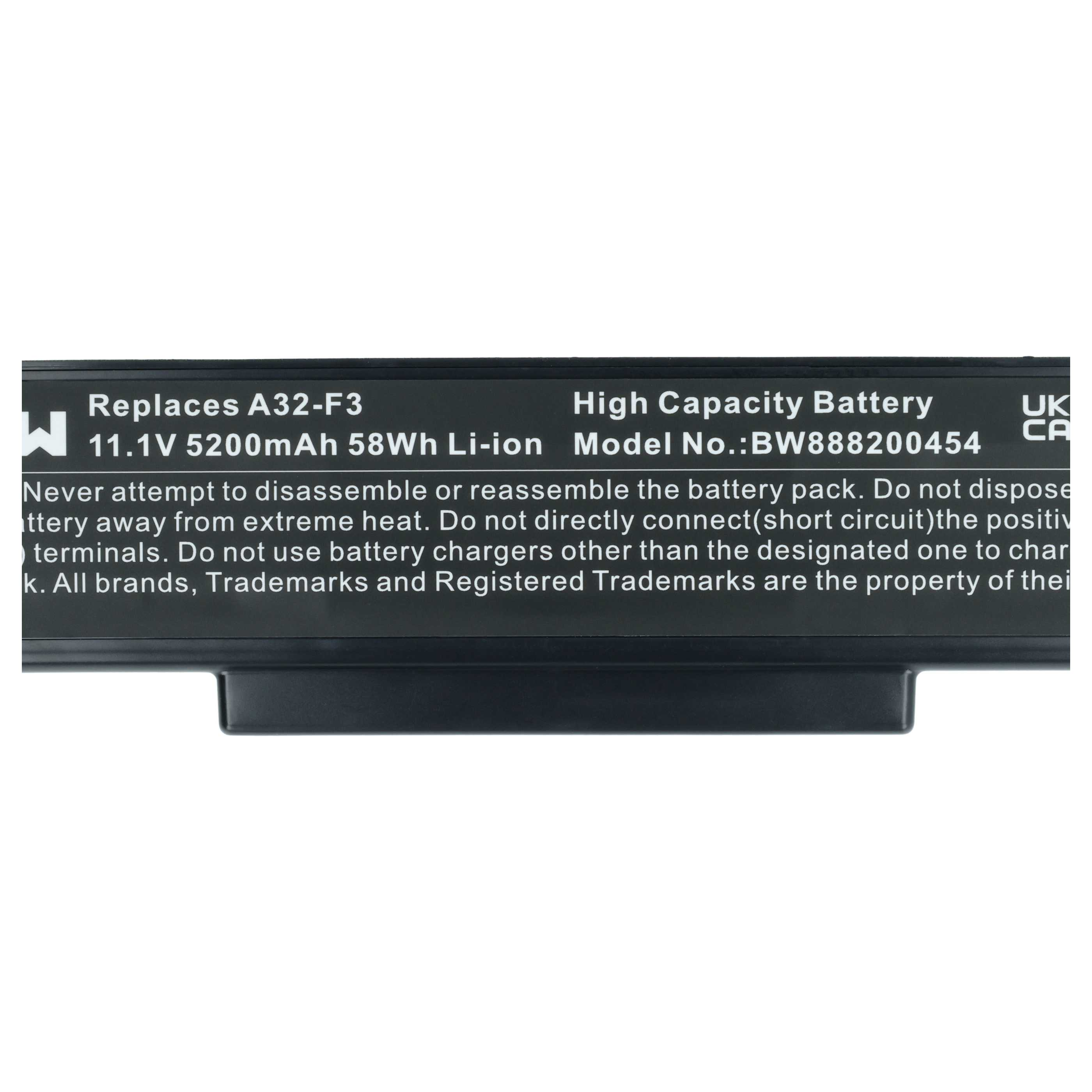 Schwarzes Batterieetikett mit Text: Ersetzt A32-F3, 11,1 V, 5200 mAh, Hochleistungsbatterie, Modell-Nr.: BW888200454.