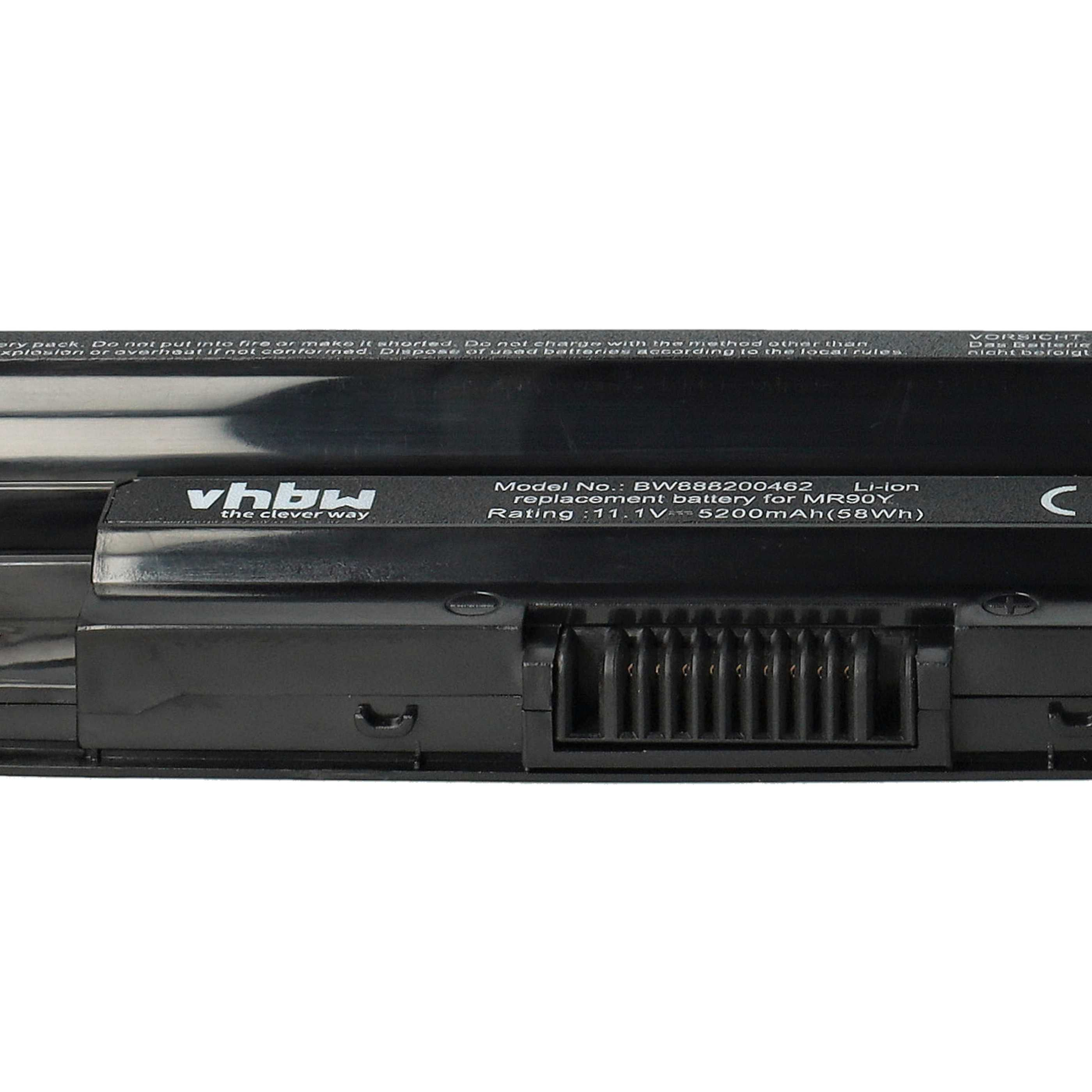 Ein schwarzer Laptop-Akku mit weißem Text. Enthält Text wie 'vhbw', 'Modell-Nr.' und 'Bewertung'.