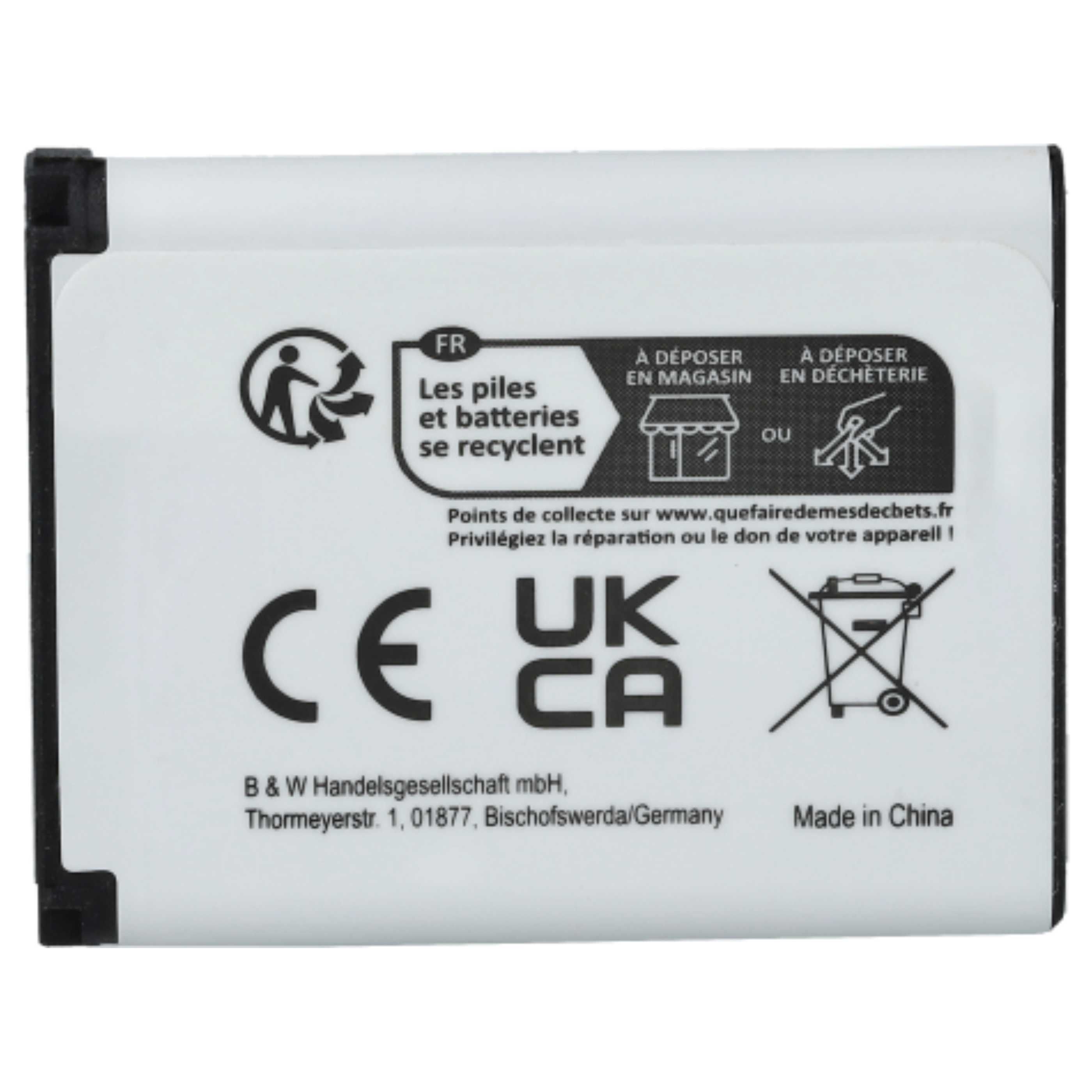 Weißes Batterieetikett mit schwarzem Text und Symbolen. Enthält Recyclinghinweise, CE-, UK CA-Zeichen und 'Made in China'.
