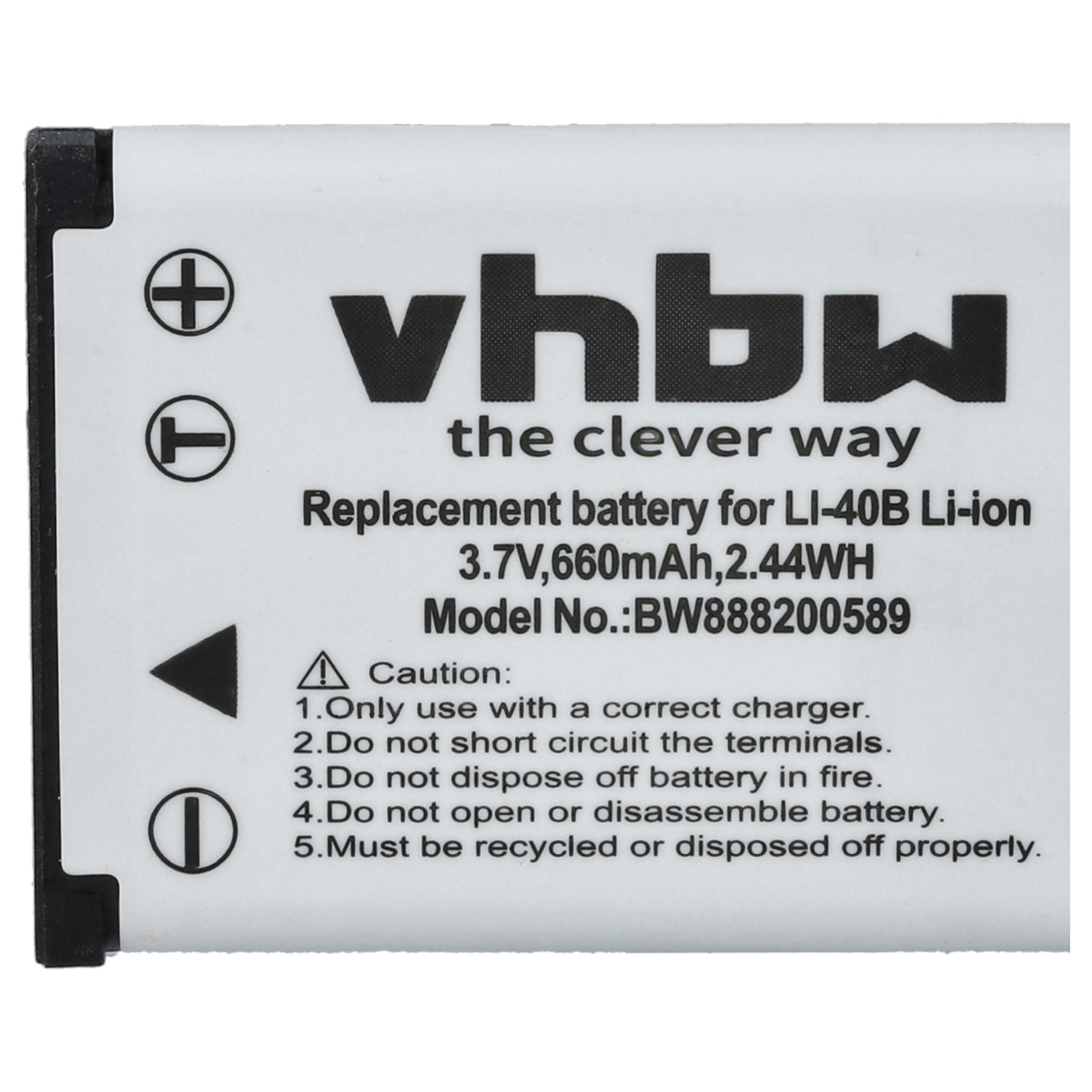 Weißes Batterieetikett mit schwarzem Text und Symbolen. Liest 'vhbw' und Sicherheitshinweise. Inklusive Plus/Minus-Symbole.