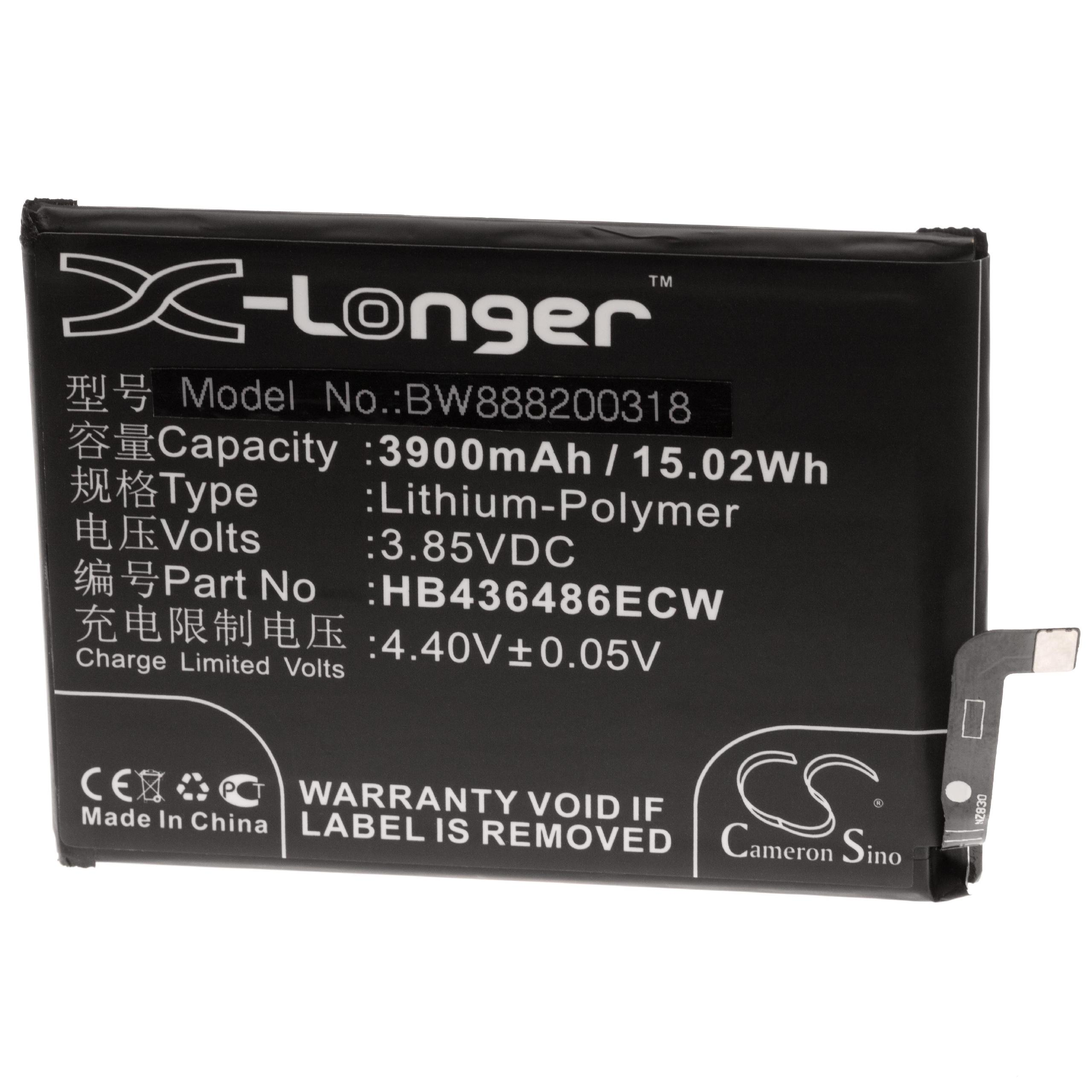 Ein schwarzer Akku mit weißem Text. Er hat die Marke X-Longer und Spezifikationen: 3900mAh, Lithium-Polymer und 3,85VDC.