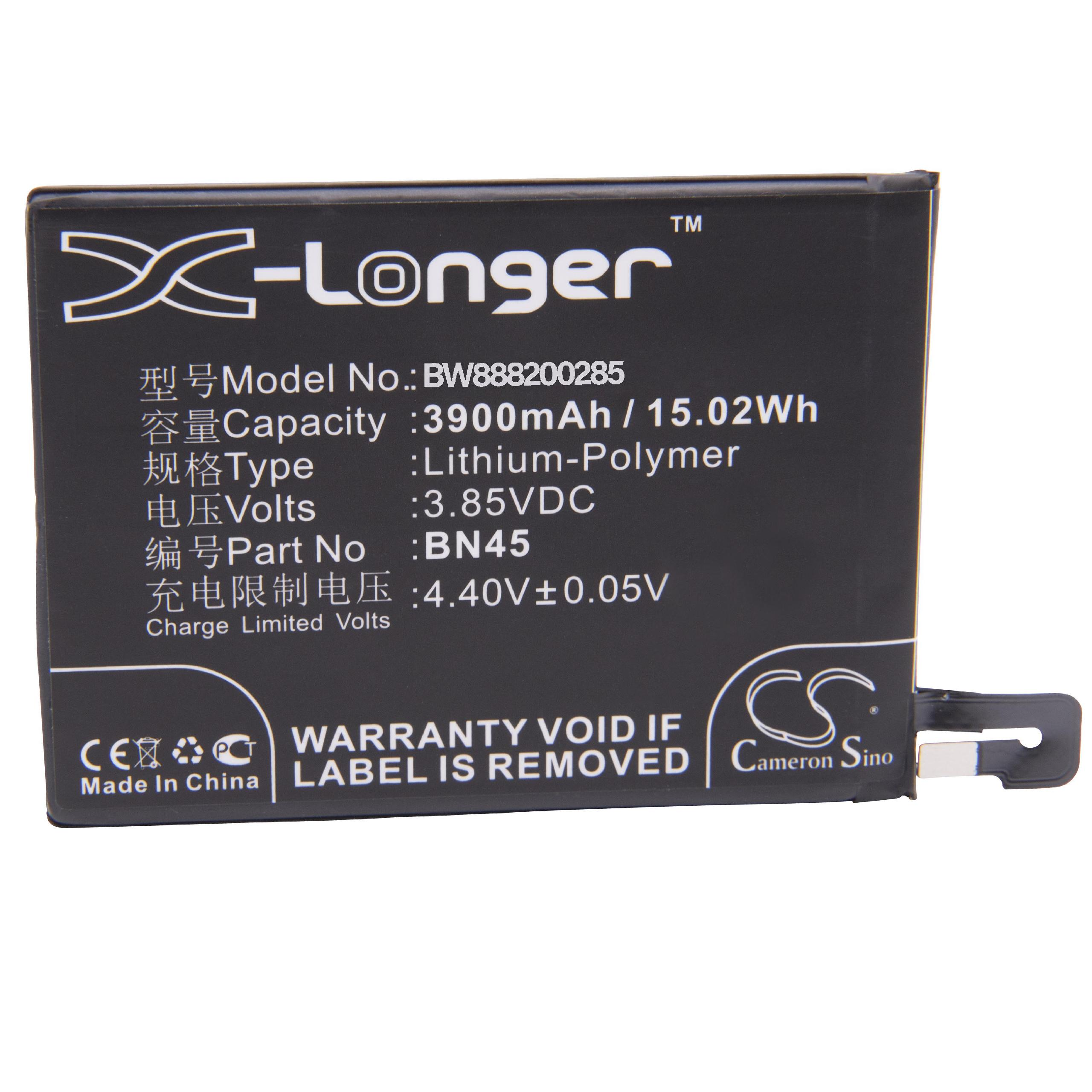 Ein schwarzer Akku mit weißem Text und einem silbernen Stecker. Text enthält Marke, Modell, Kapazität, Spannung und Warnungen.