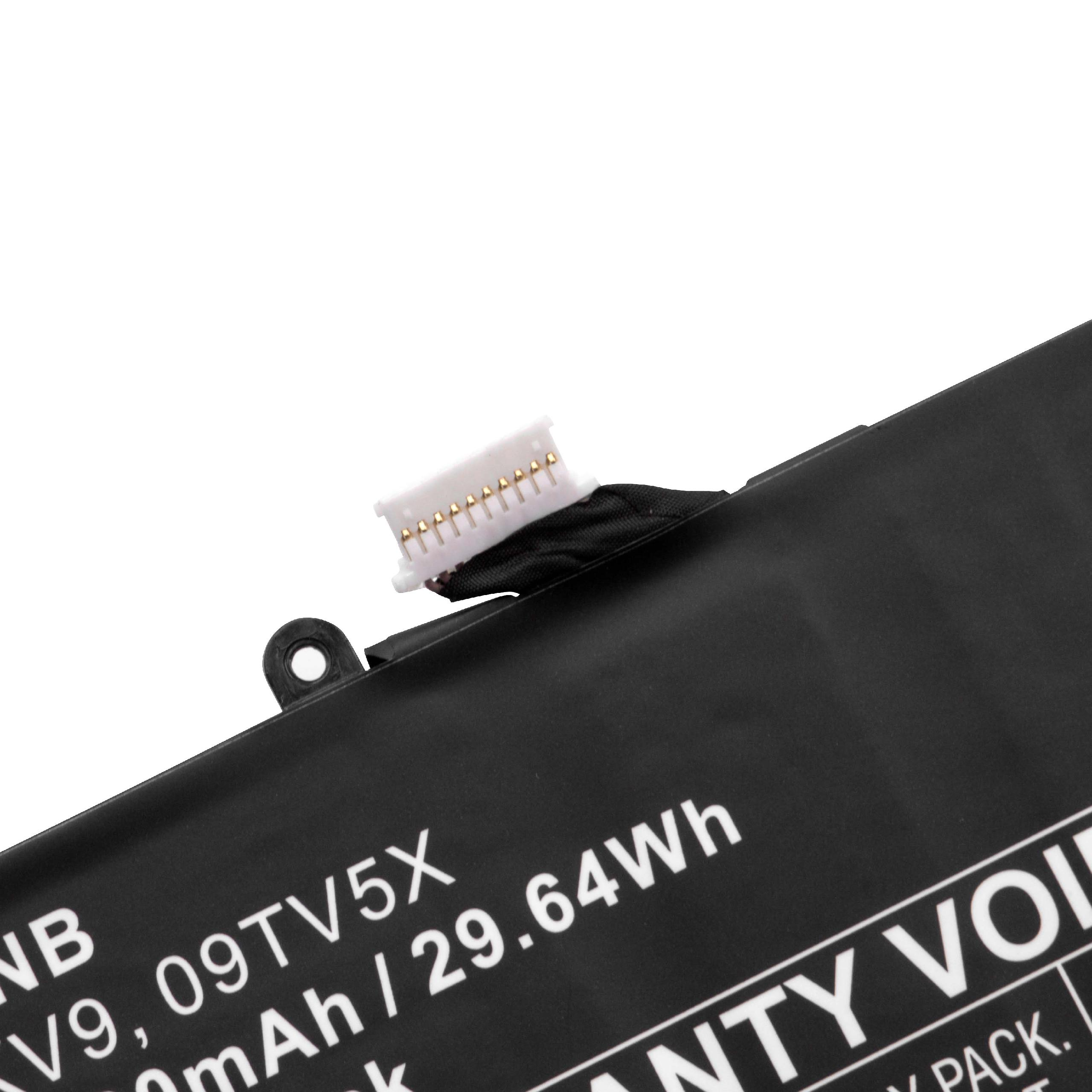 Ein schwarzer Akku mit weißem Text. Er hat einen weißen Stecker und ein schwarzes Kabel. Die Oberseite ist weiß.