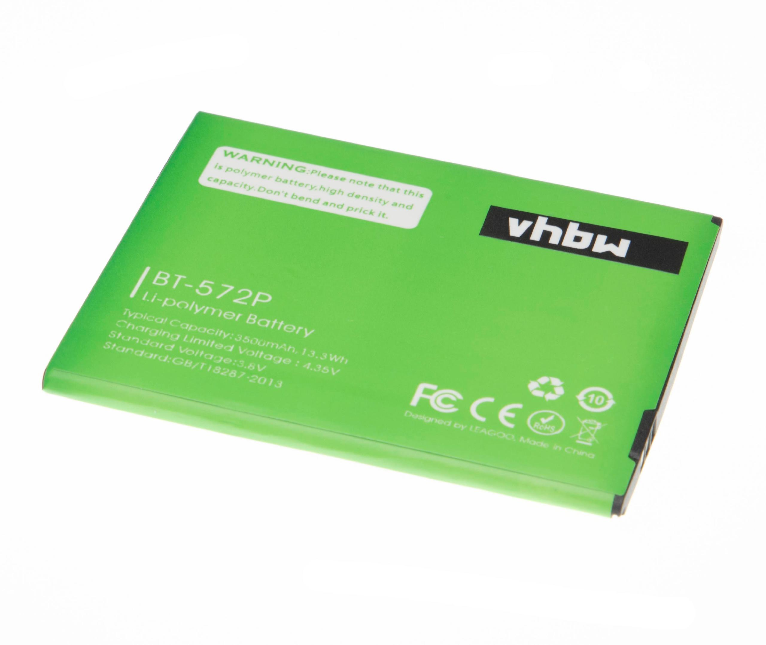 Grüner Akku mit Text. Es steht 'WARNUNG', 'BT-572P', 'Li-polymer Battery'. Enthält 'FC CE' und 'vhbw' Logos.