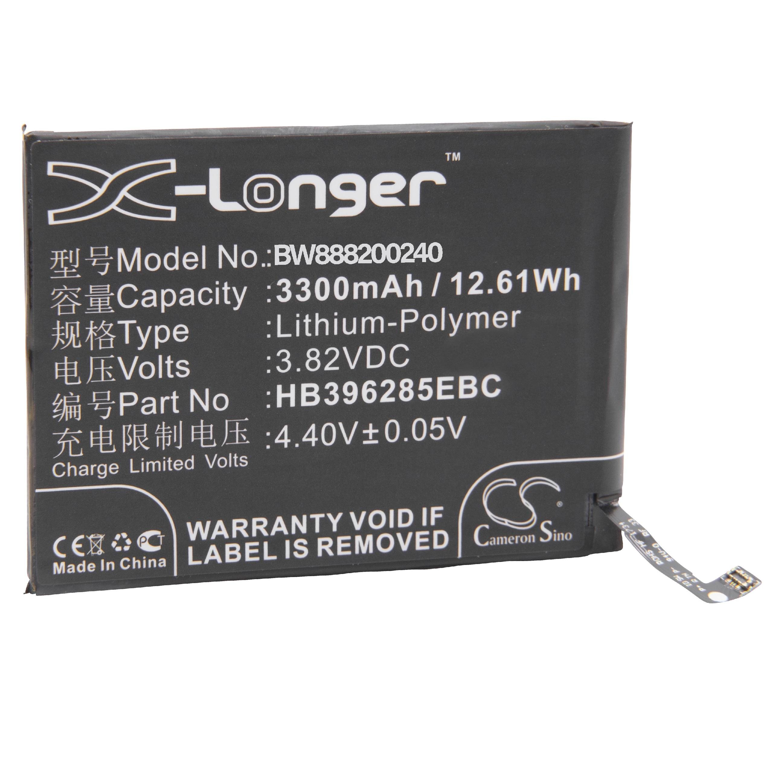 Ein schwarzer Akku mit weißem Text. Es hat das X-Longer-Logo und Details wie Modell, Kapazität und Spannung.