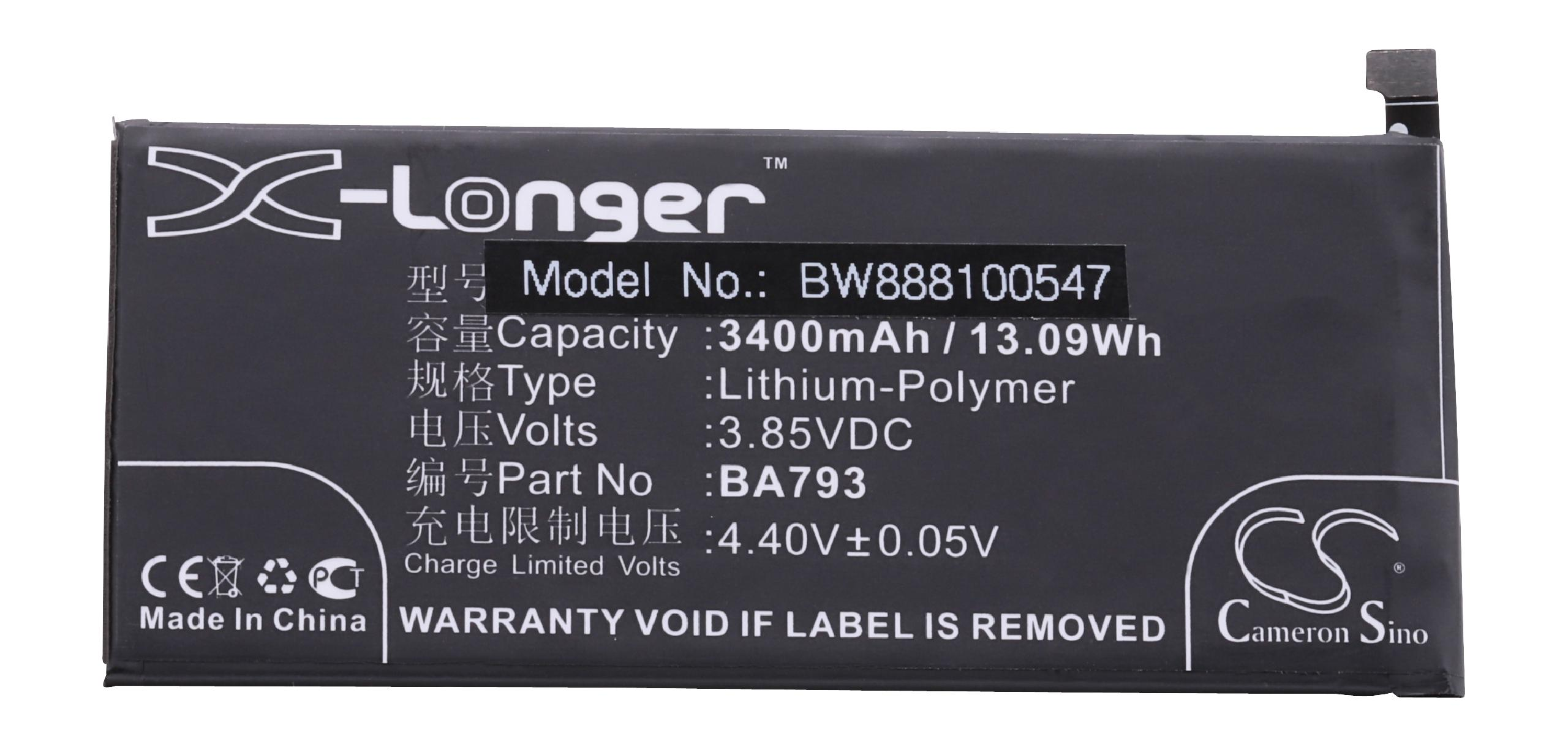 Schwarzer Akku mit weißem Text. Enthält Details wie Modellnummer, Kapazität (3400 mAh) und Spannung. Marke ist X-Longer.