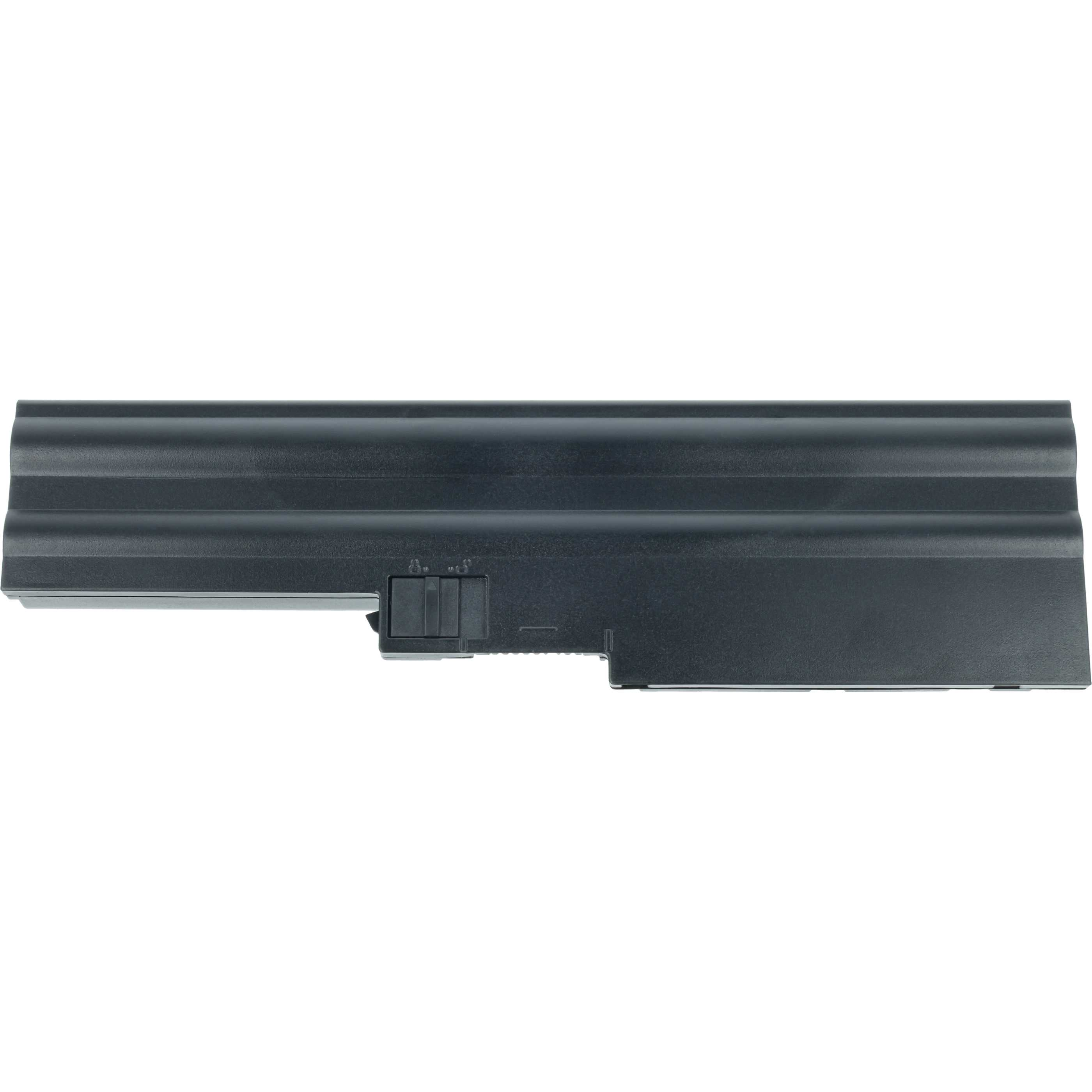 Ein schwarzer Laptop-Akku liegt horizontal vor weißem Hintergrund. Er hat eine rechteckige Form mit einem Anschluss.