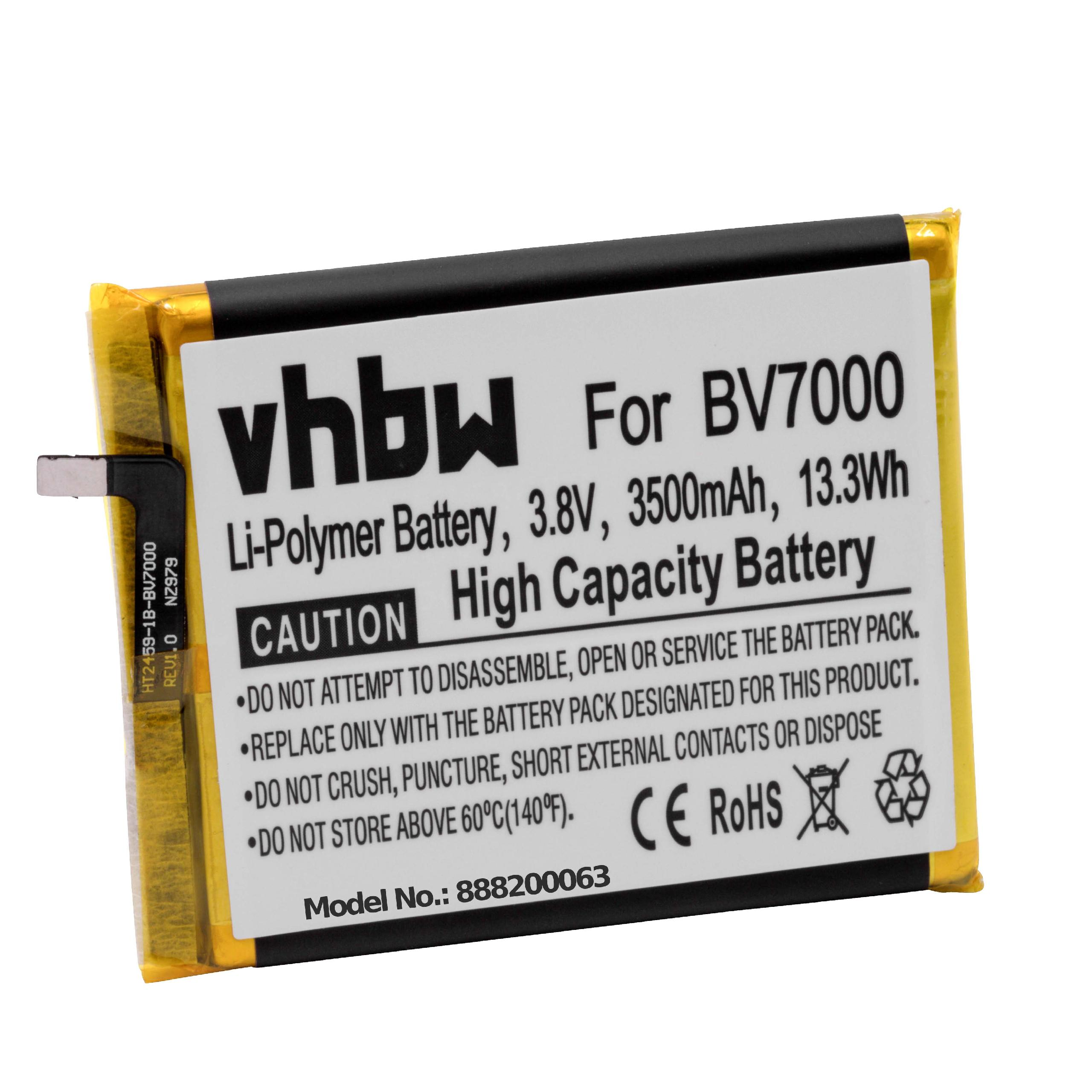Ein Akkupack mit der Aufschrift vhbw For BV7000 mit Sicherheitshinweisen. Es ist ein Li-Polymer-Akku, 3,8 V, 3500 mAh, 13,3 Wh.