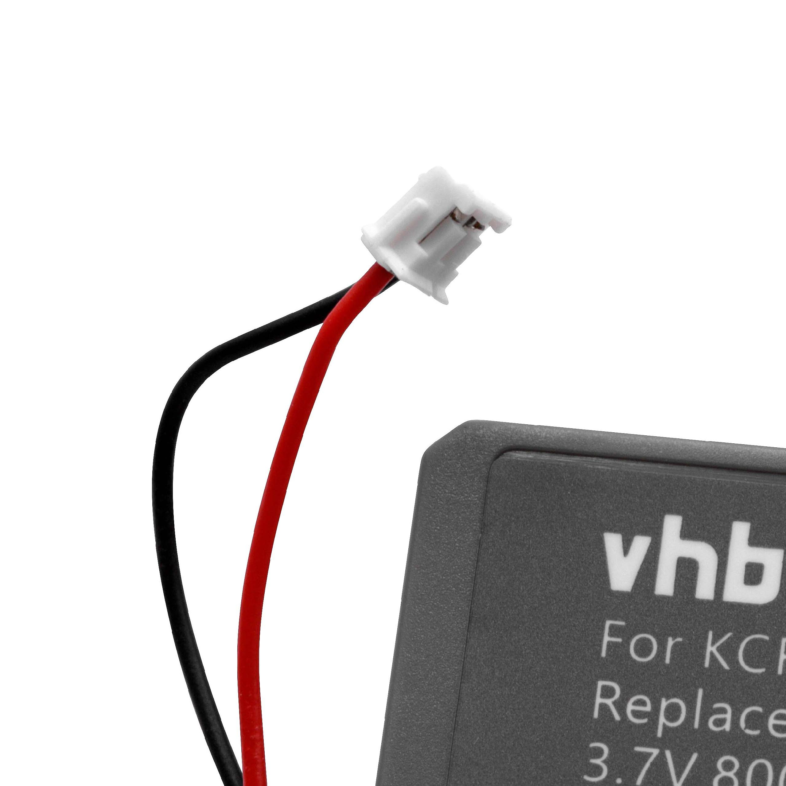 Batterieanschluss mit roten und schwarzen Drähten. Im Hintergrund befindet sich ein graues Akkupack mit weißem Text.
