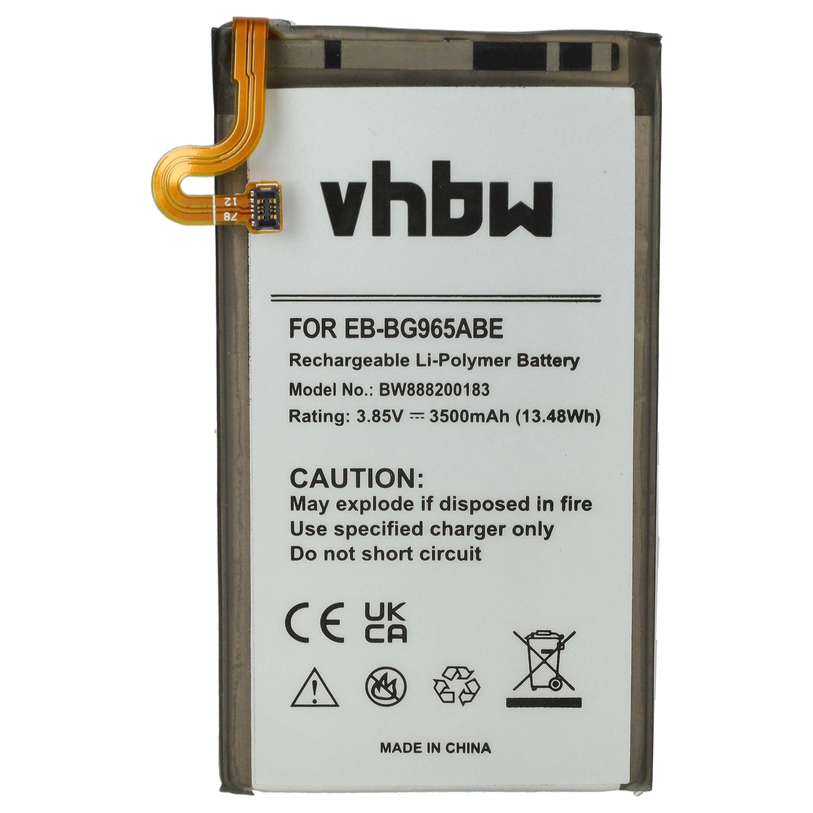Ein Akku mit Text, der 'FOR EB-BG965ABE', 'CAUTION' und 'MADE IN CHINA' enthält. Er hat ein goldenes Kabel.