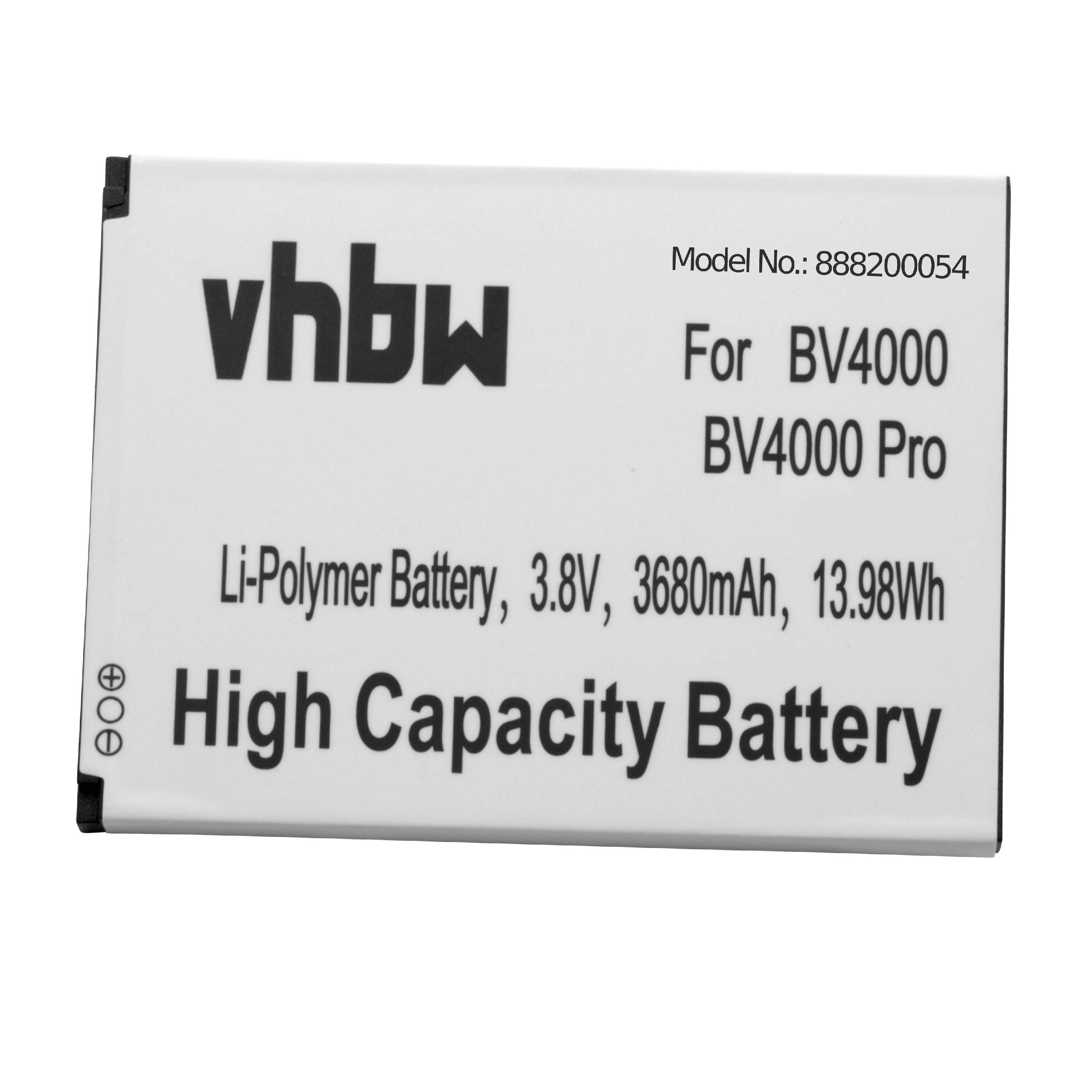 Weißer Akku mit schwarzem Text. Der Text enthält 'vhbw', 'For BV4000' und 'High Capacity Battery'.