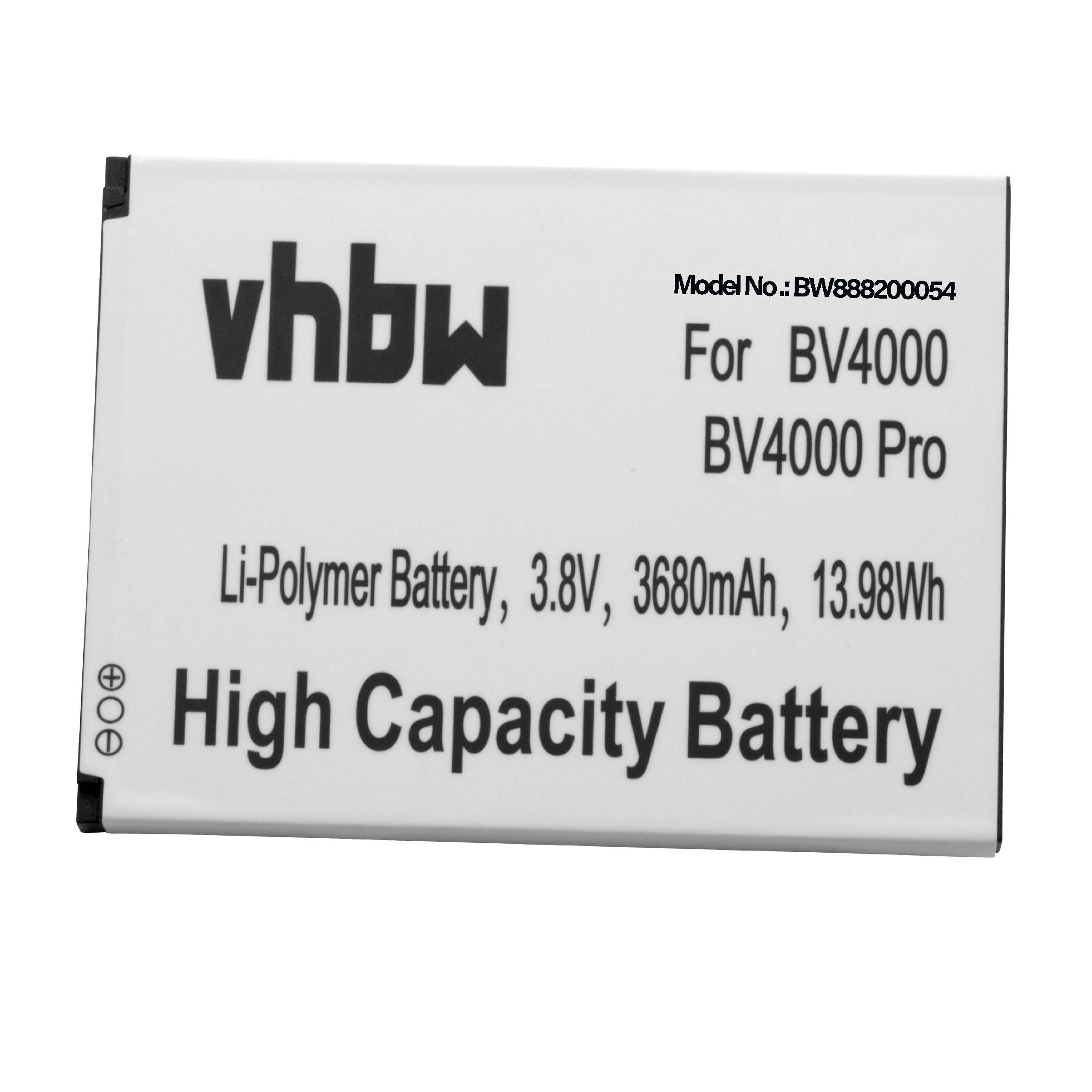 Ein weißes Batterieetikett mit schwarzem Text. Es lautet 'vhbw', 'For BV4000', 'High Capacity Battery' und Spezifikationen wie 3,8 V, 3680 mAh.