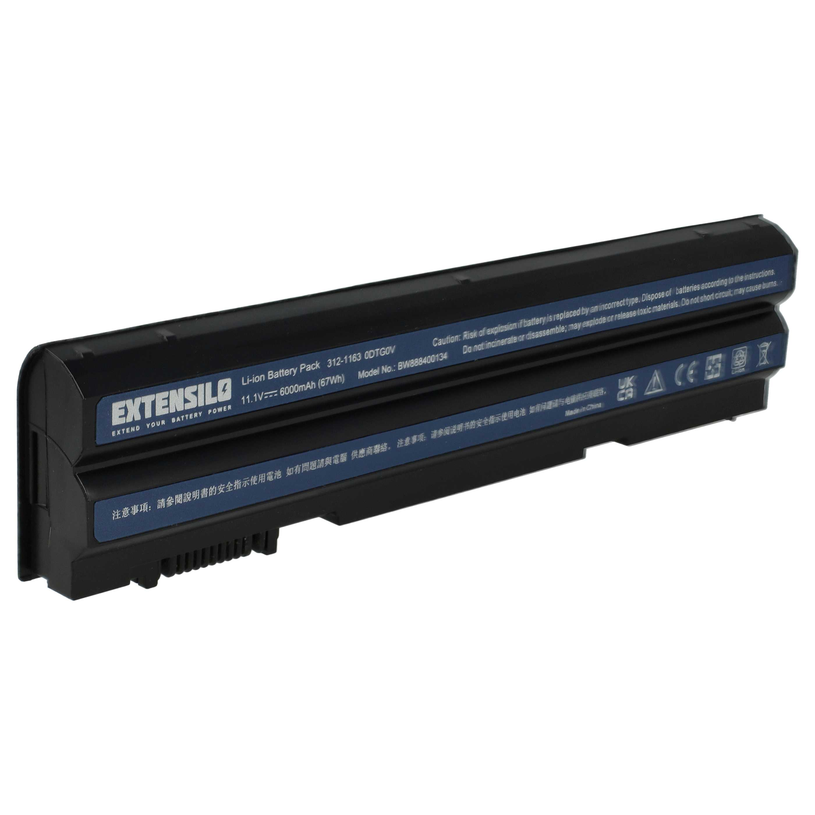 Batteria Li-ion Extensilo nera con etichette e avvertenze di sicurezza. Modello BW888400134. Contiene avvertenze in più lingue.