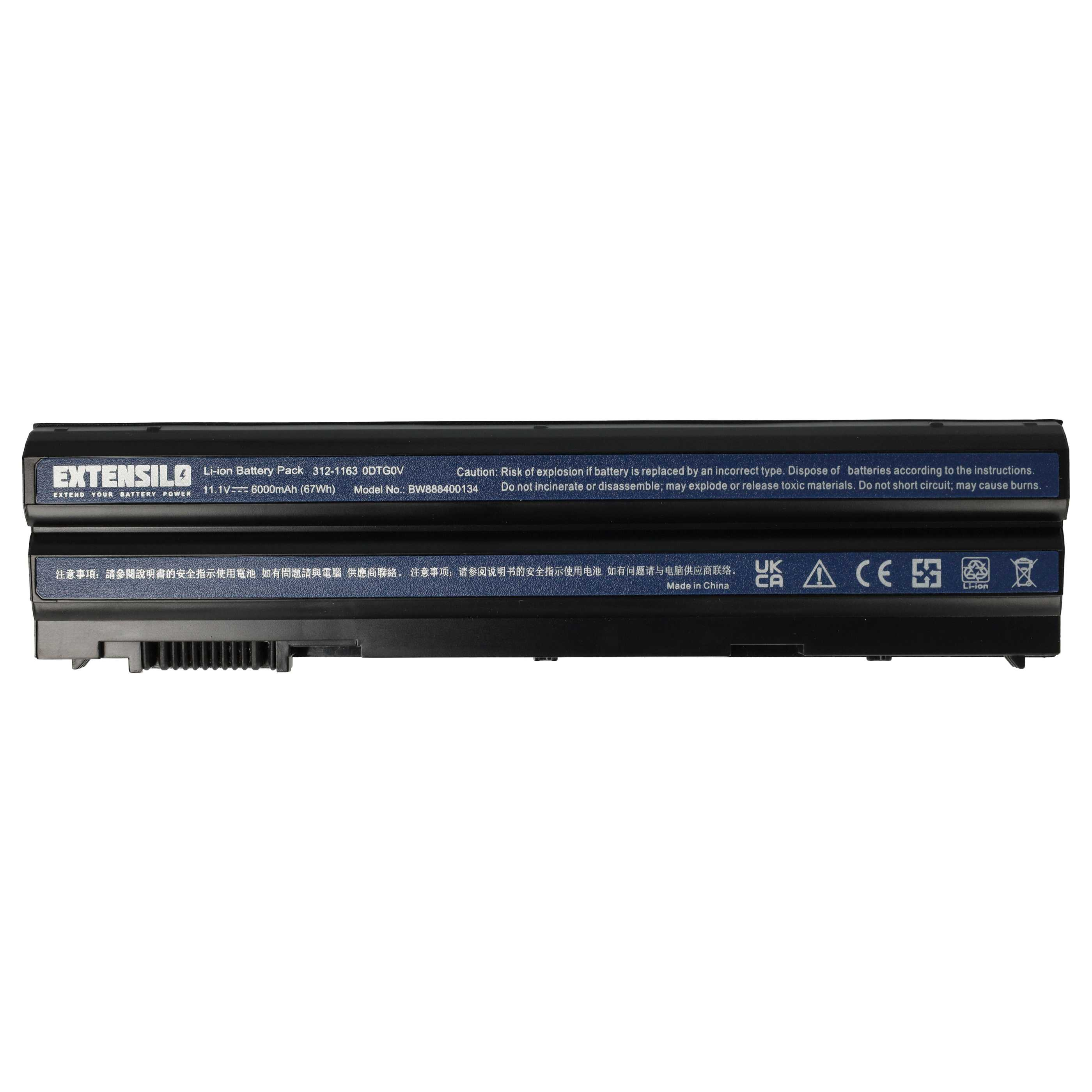 Un pacco batteria Li-ion Extensilo nero e blu con testo e avvertenze. Lo sfondo è bianco.