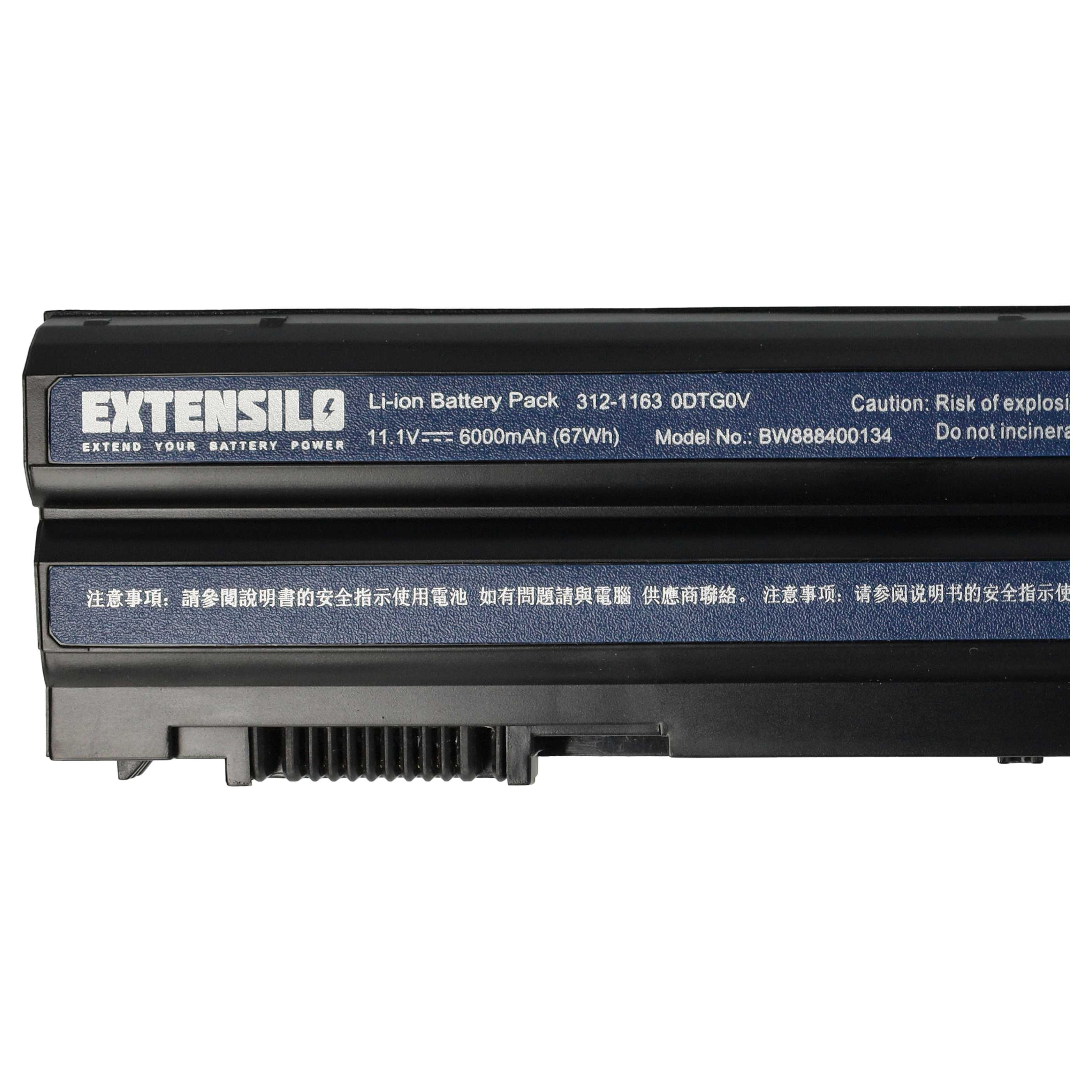 Batteria nera per laptop. Contiene testo in inglese e cinese, con avvertenze di sicurezza e informazioni sul marchio.