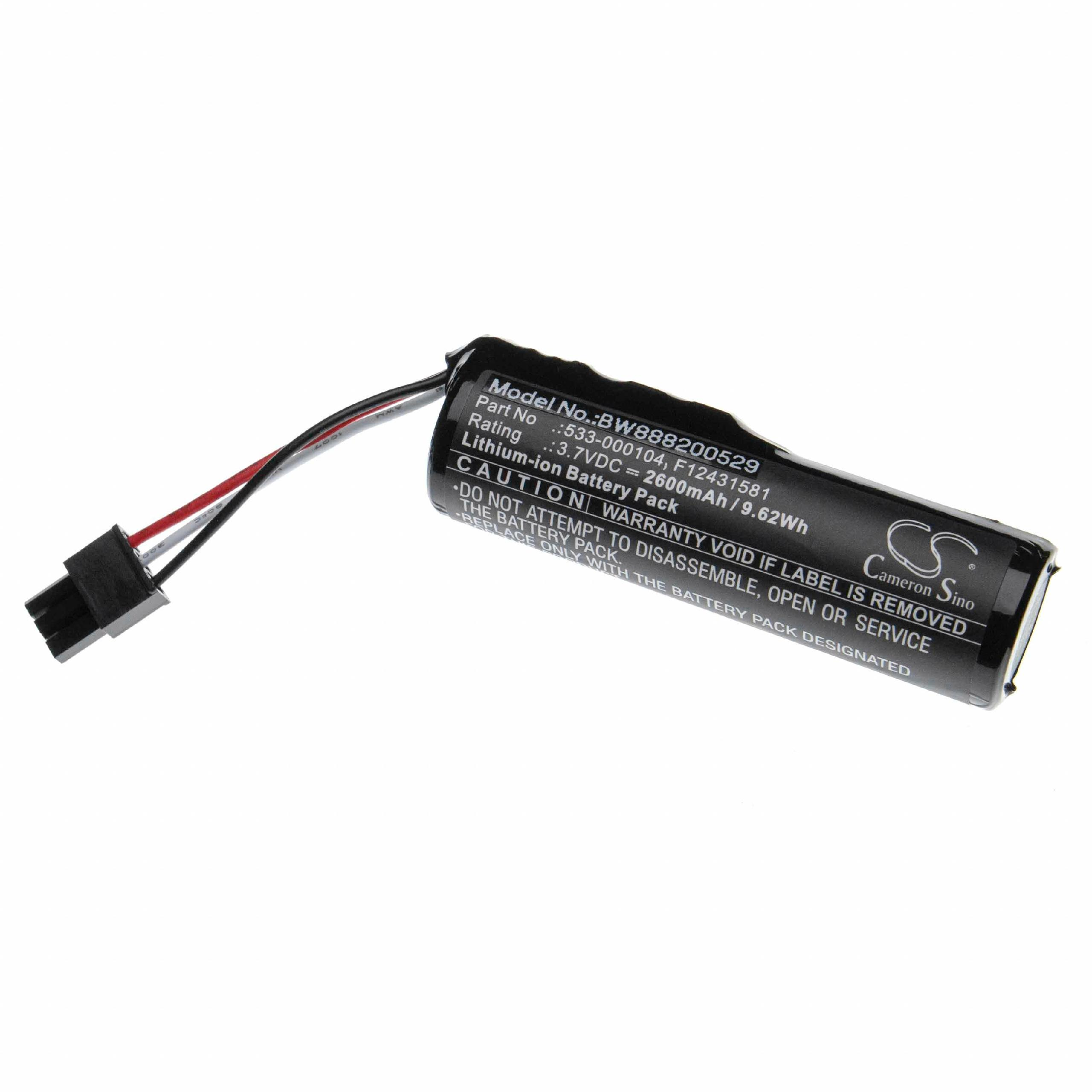 Ein schwarzer Akku mit Drähten und einem Stecker. Es hat gedruckte Informationen. Weißer Hintergrund.