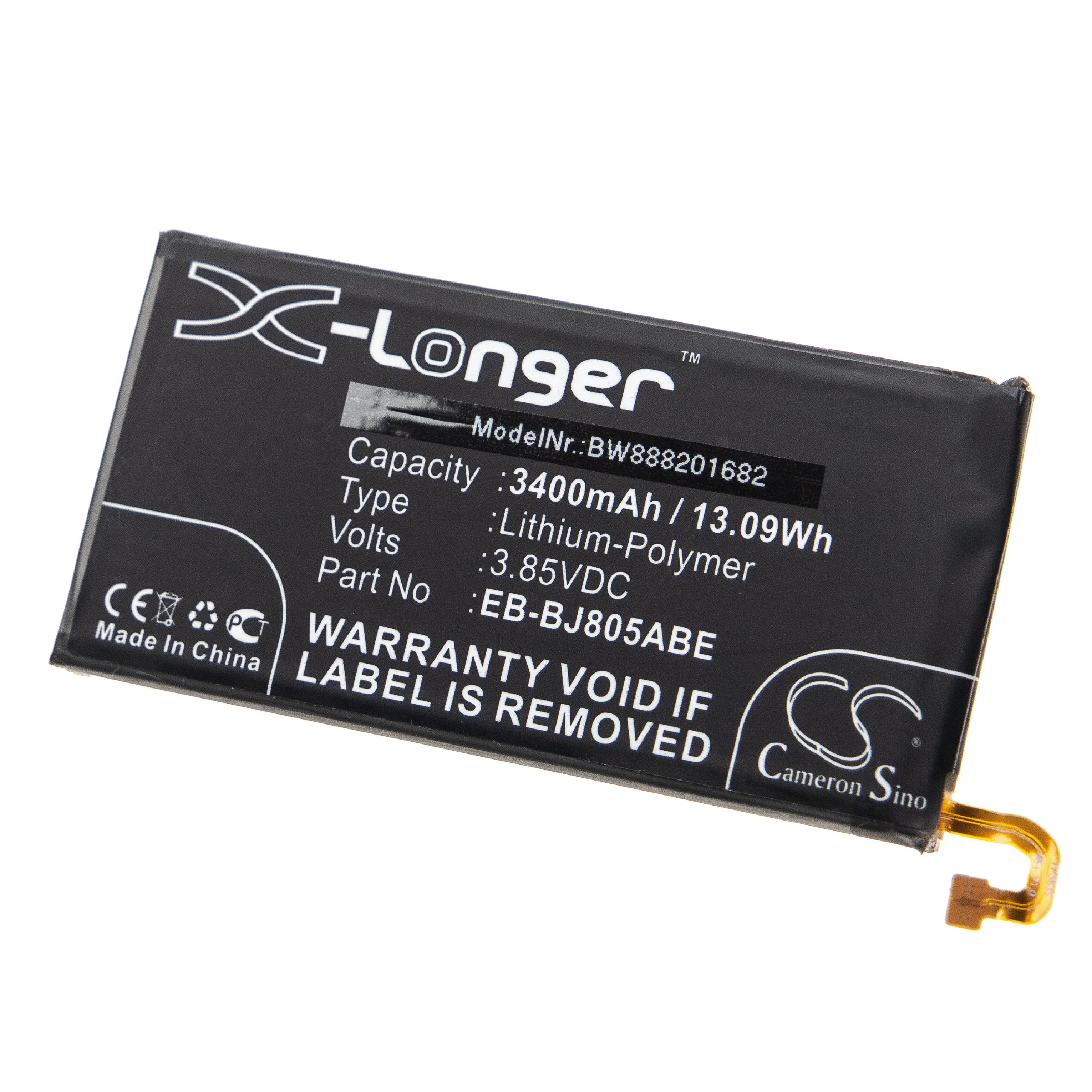 Ein schwarzer Akku mit weißem Text. Er hat die Marke X-Longer, eine Kapazität von 3400 mAh und das Modell EB-BJ805ABE.