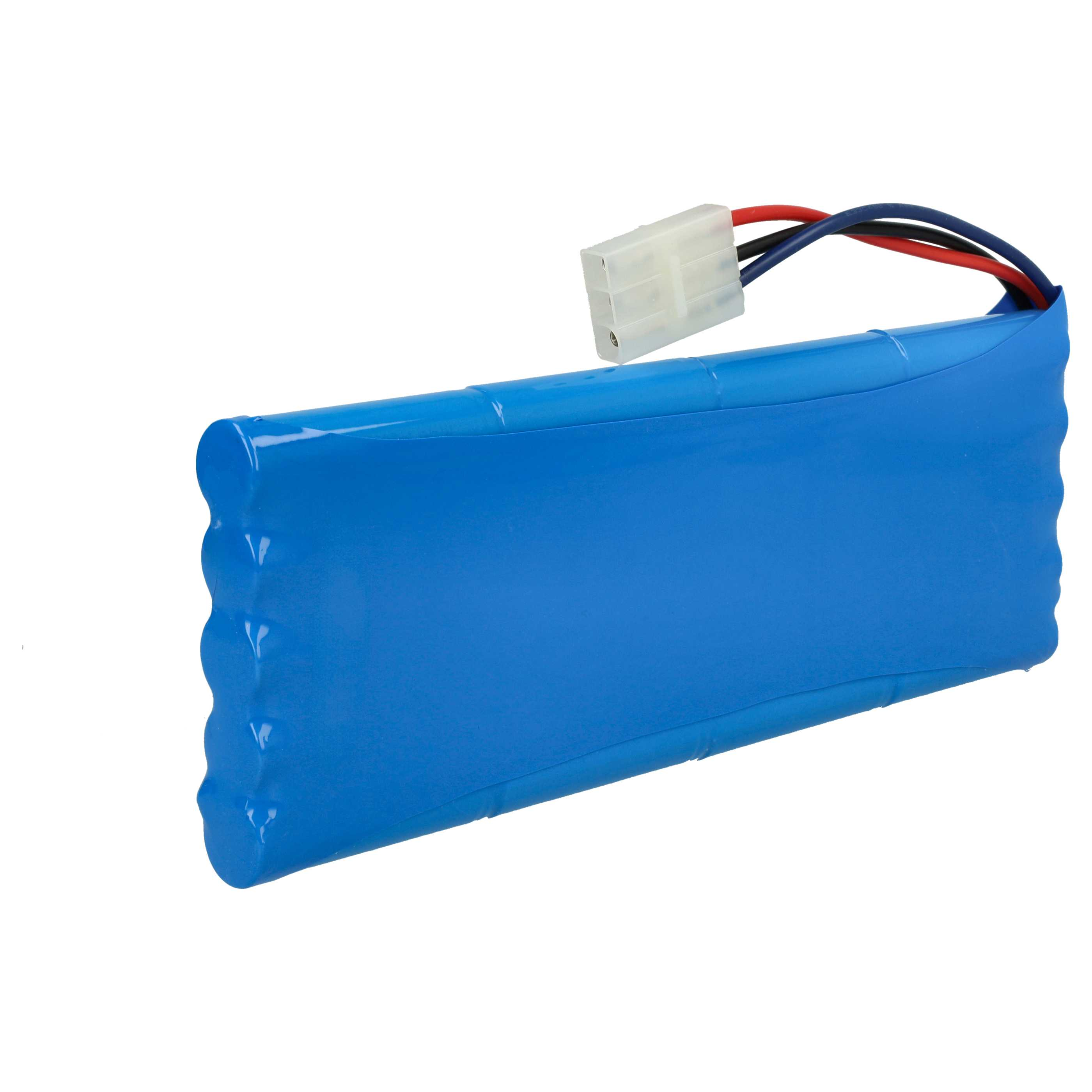 Ein blaues Batteriepack mit einem weißen Stecker und roten, schwarzen und blauen Drähten auf weißem Hintergrund.
