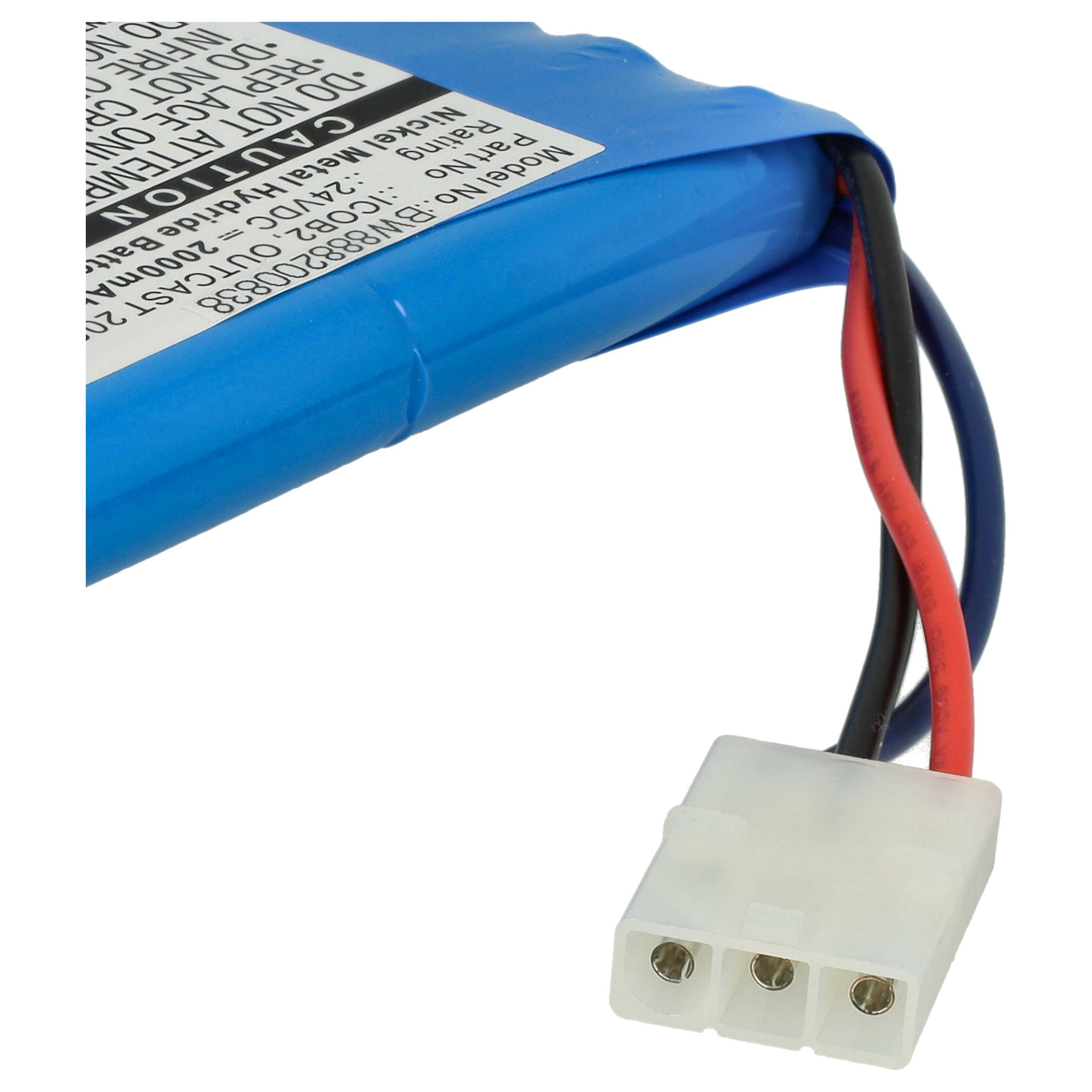 Ein blauer Akku mit einem weißen Stecker. Es hat schwarze, rote und blaue Drähte. Text ist auf dem Akku sichtbar.
