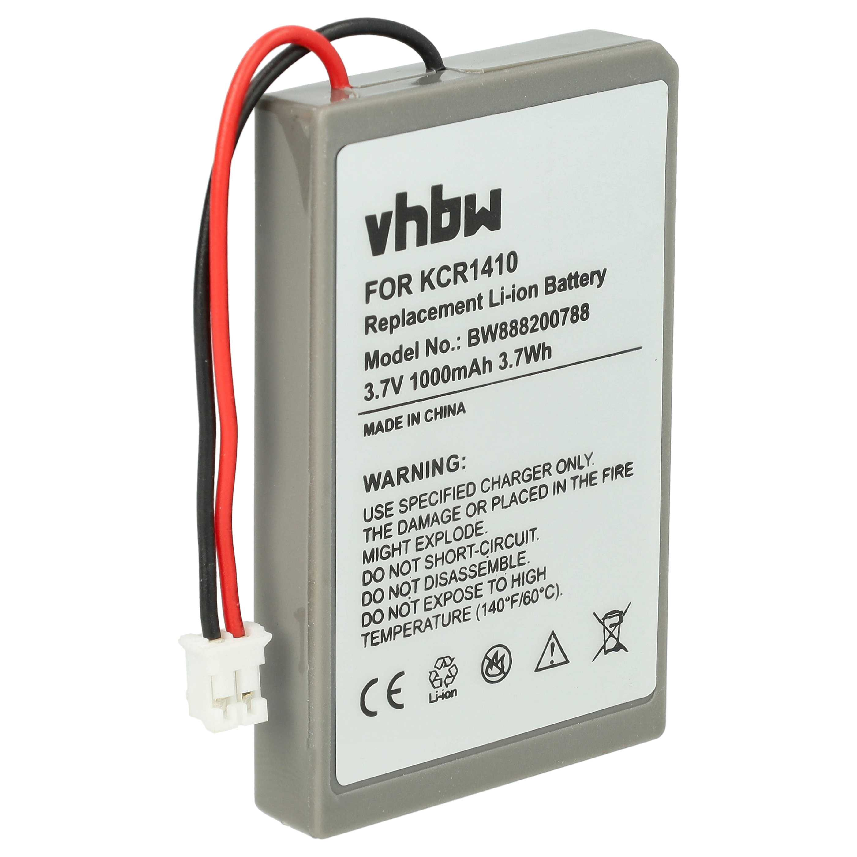 Graue Batterie mit weißem Etikett und schwarzen und roten Drähten. Der Text enthält Warn- und technische Spezifikationen.