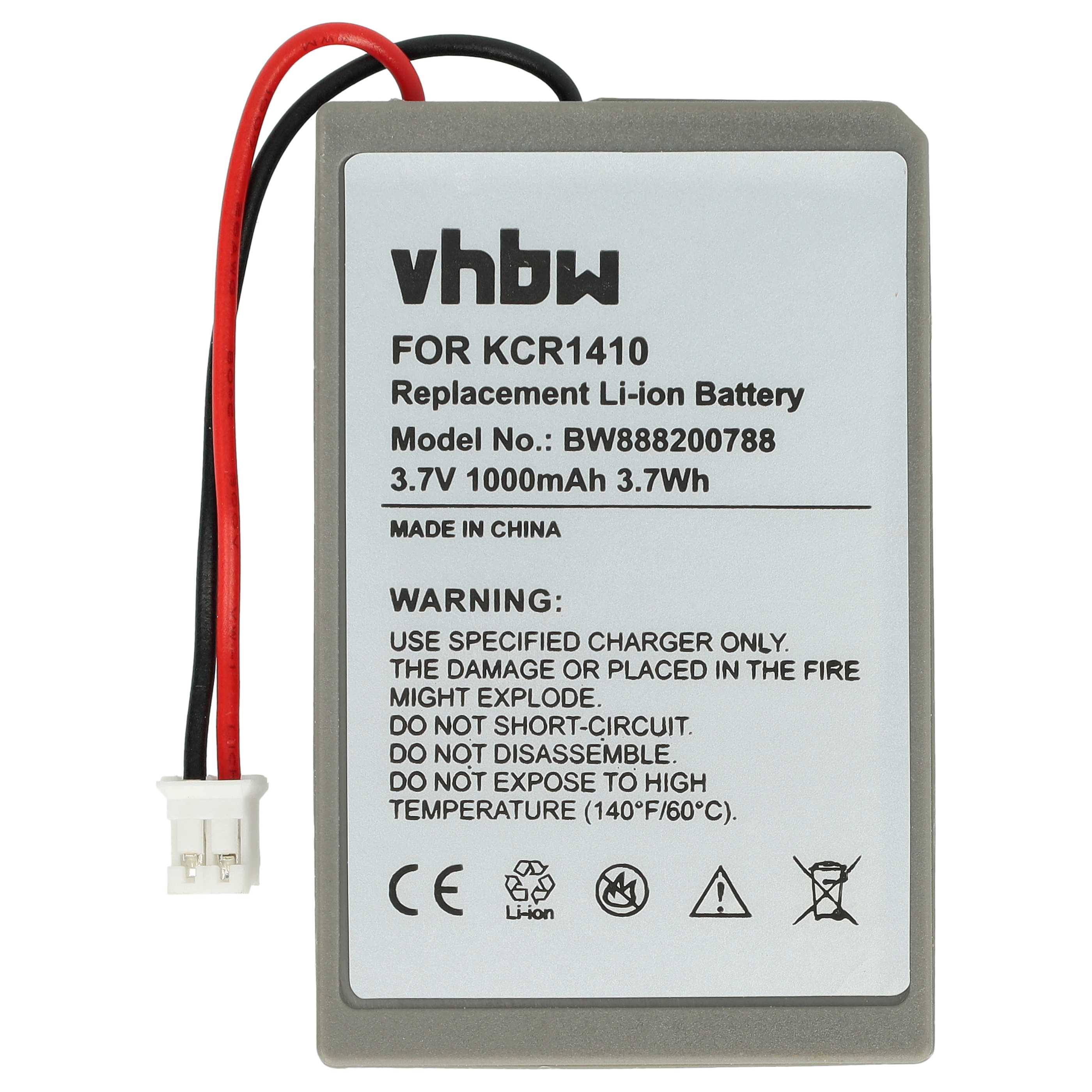 Ein rechteckiger Akku mit roten und schwarzen Drähten. Text auf dem Akku: Ersatz-Li-Ion, 3,7 V, Warnhinweise.