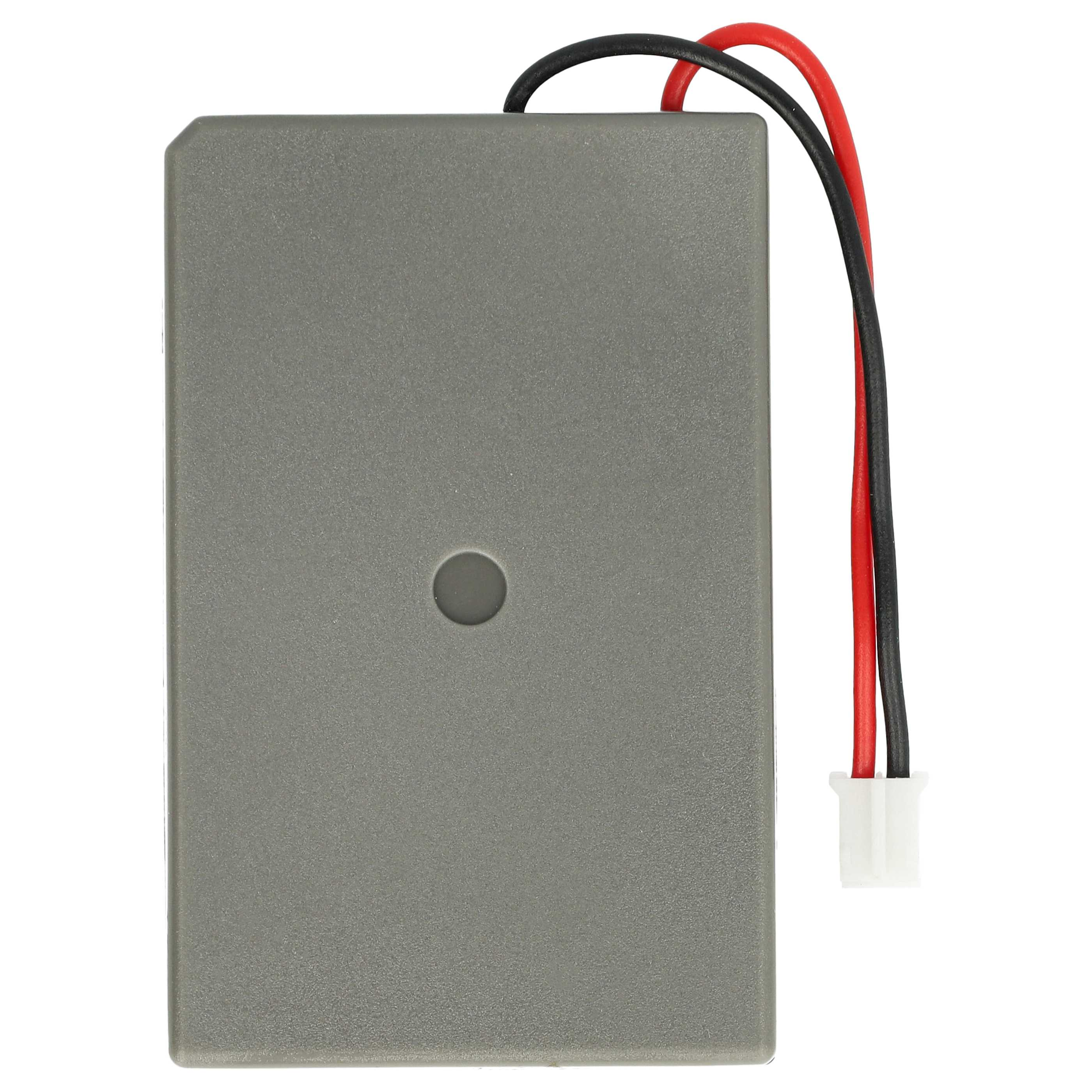 Graues rechteckiges Gerät mit Loch. Schwarze und rote Kabel ragen heraus, verbunden mit einem weißen Stecker.