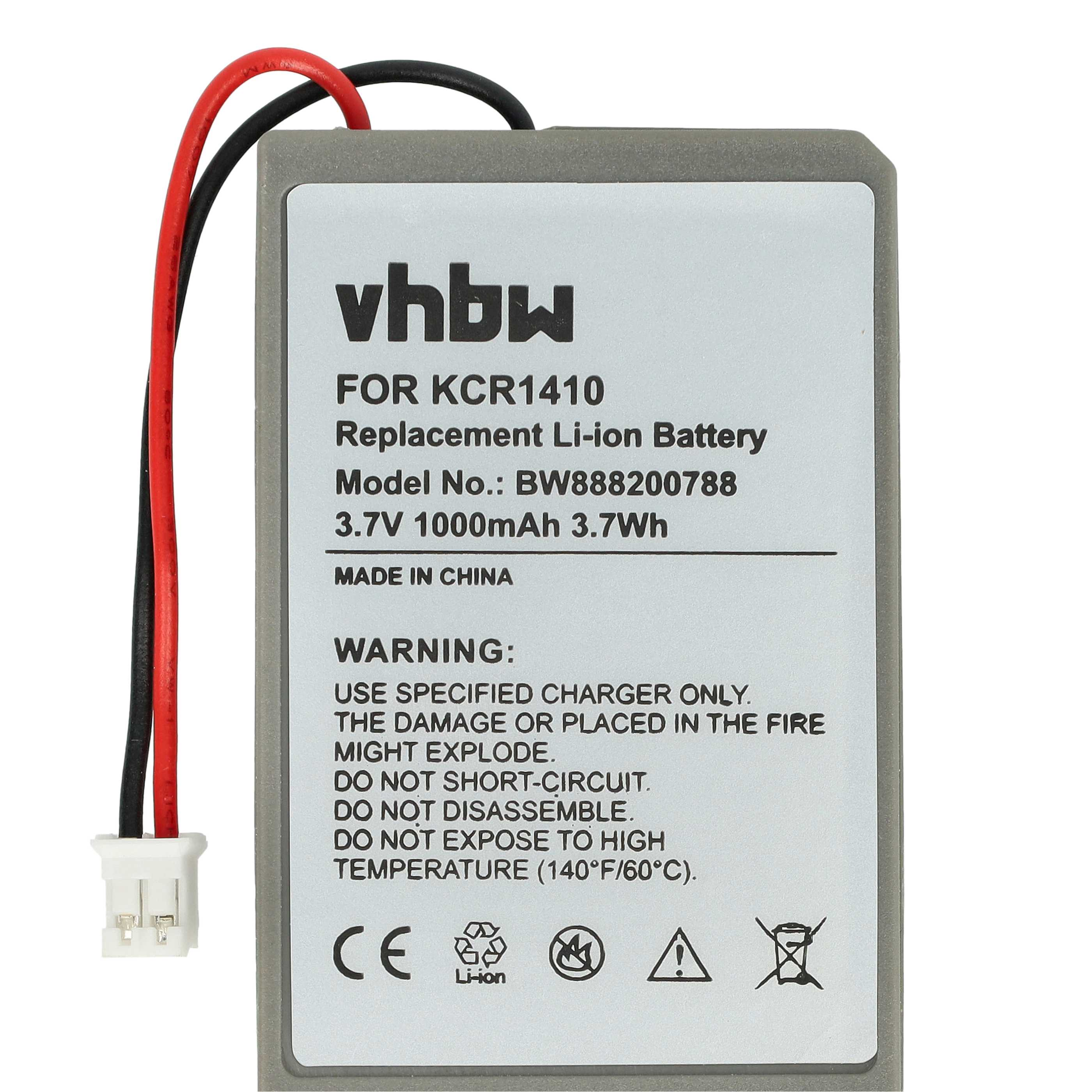 Rechteckiger Akku mit Kabeln und Stecker. Text enthält 'vhbw', 'Li-Ion-Akku' und Warnhinweise.