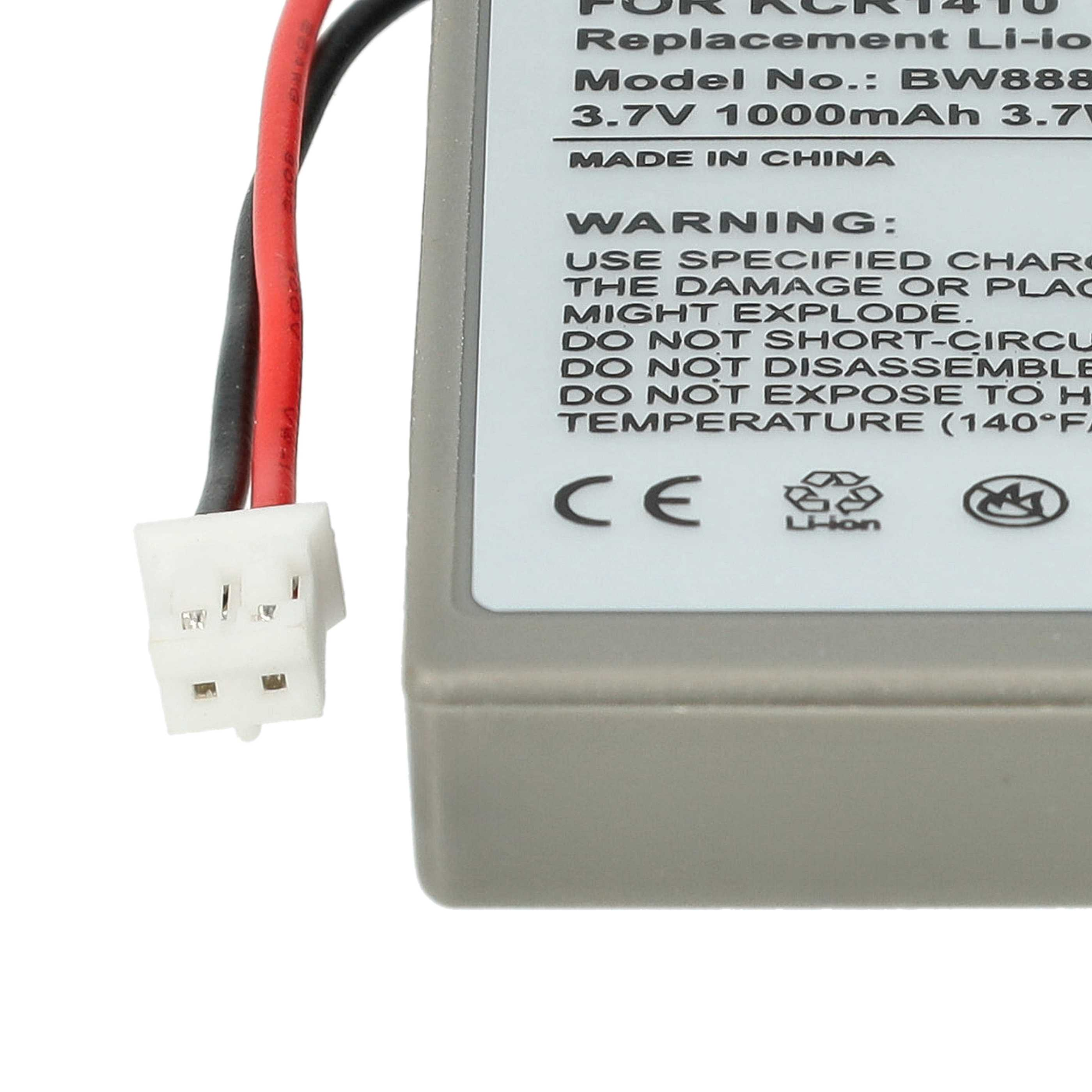 Nahaufnahme einer Batterie mit roten und schwarzen Drähten und einem weißen Stecker. Auf der Batterie steht 'MADE IN CHINA'.