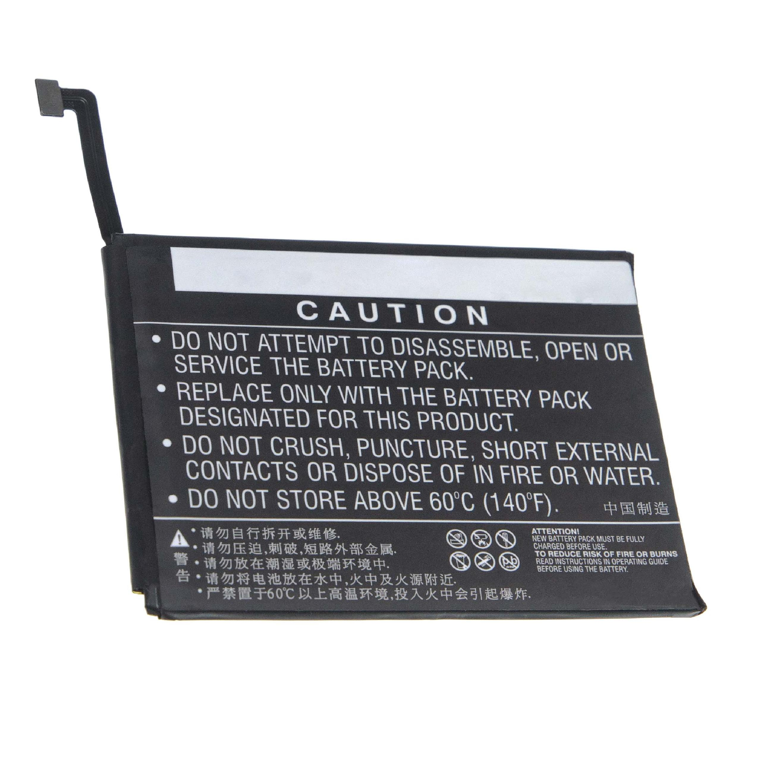 Ein schwarzes Akkupack mit weißem Text. Der Text enthält Warnungen vor Demontage, Hitze und Entsorgung, mit chinesischem Text.